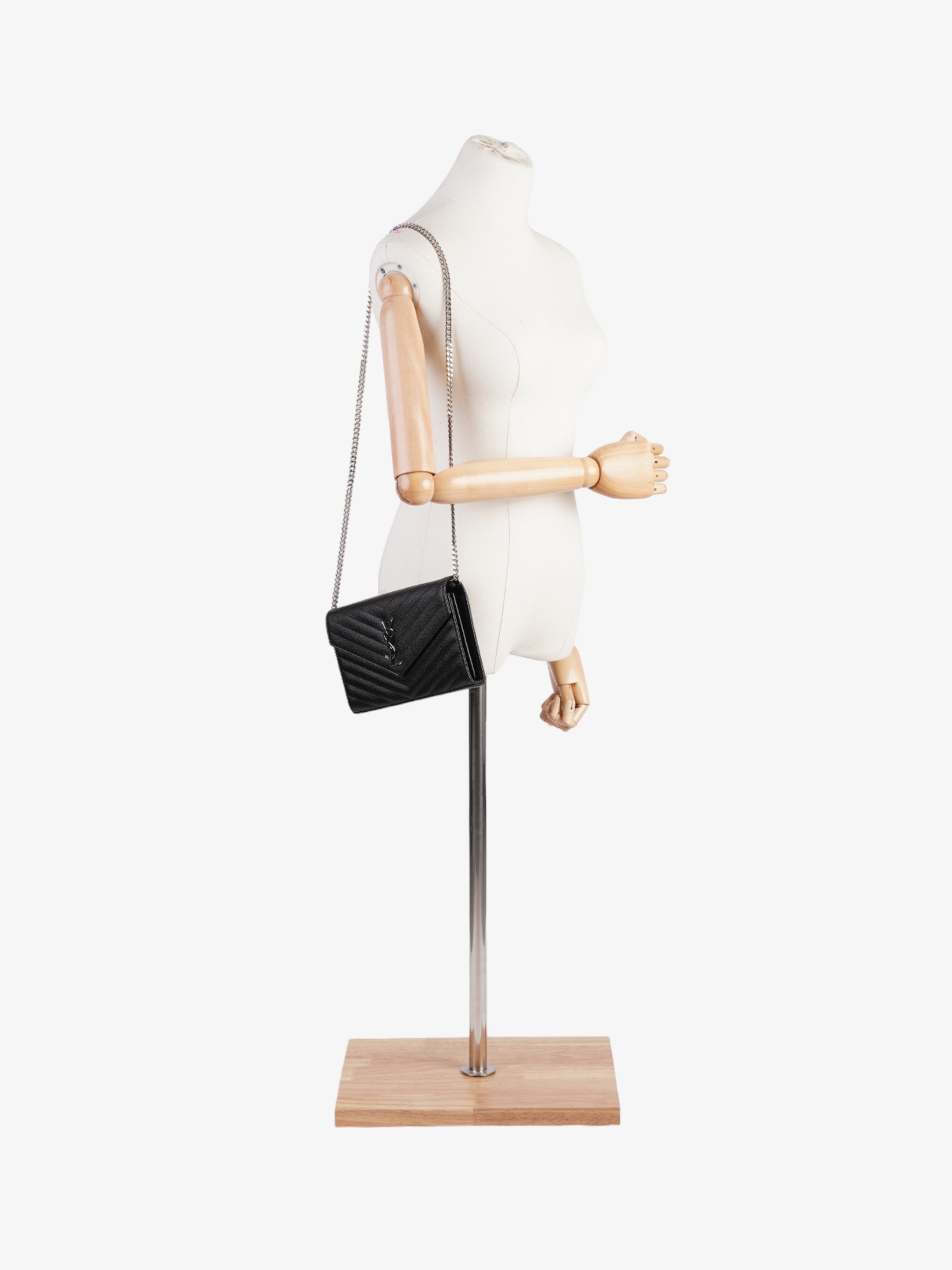 Saint Laurent Cassandre Chain Wallet Black Grained Leather