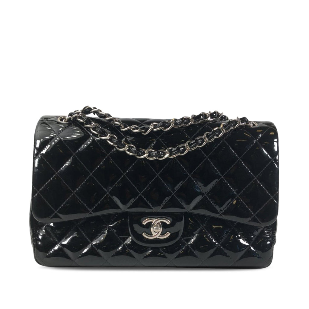 Chanel Classic Double Flap Jumbo Black Patent Leather Silver
