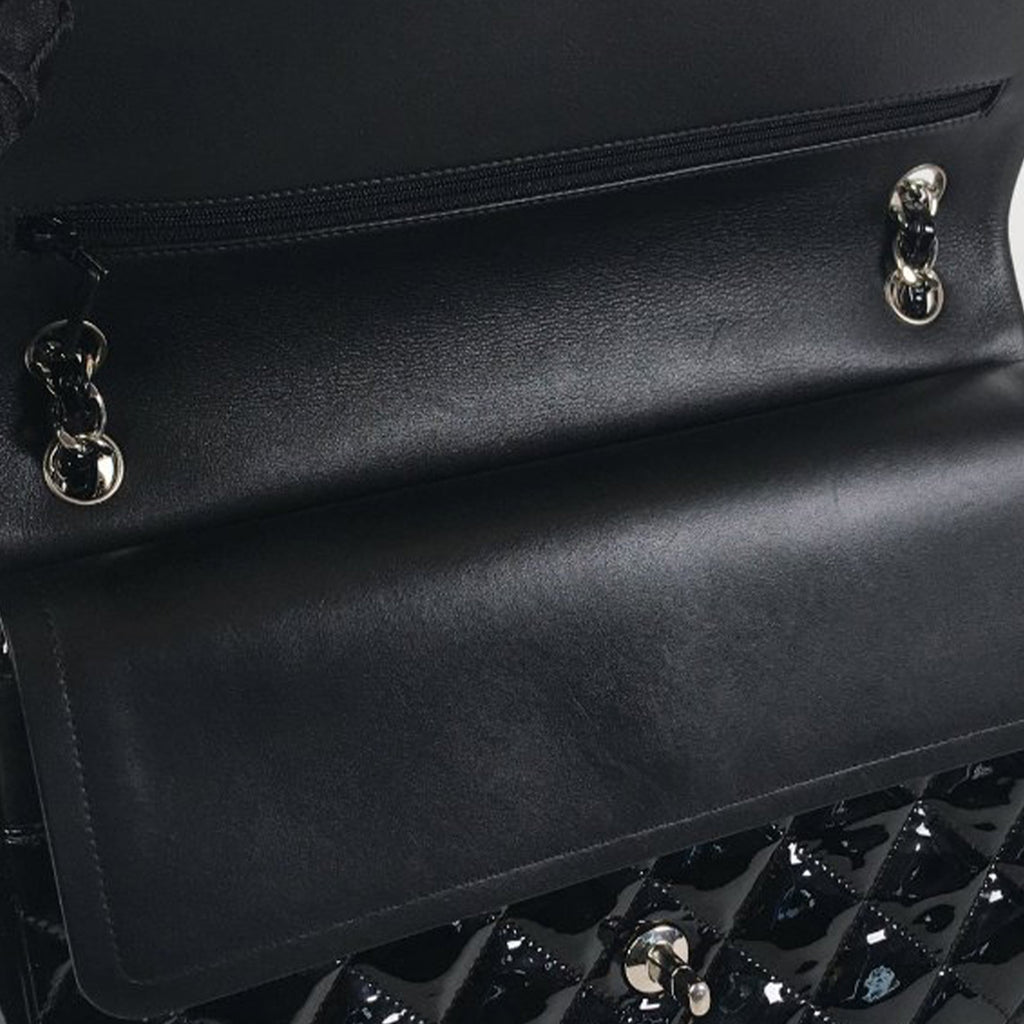 Chanel Classic Double Flap Jumbo Black Patent Leather Silver