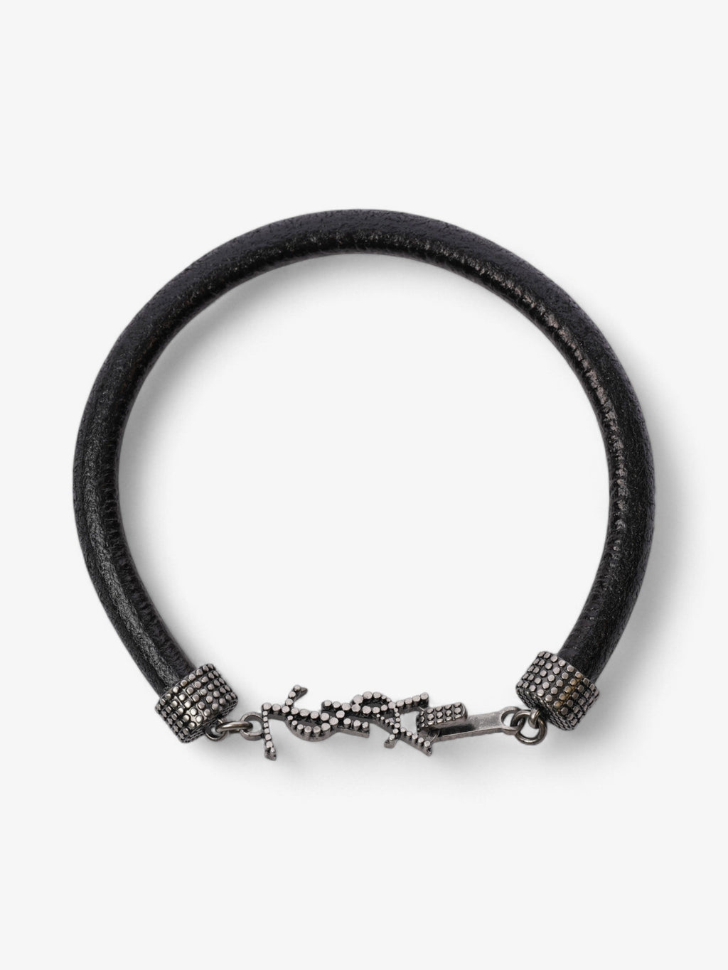 Saint Laurent Logo Hook Bracelet Black / Silver Tone Leather Medium