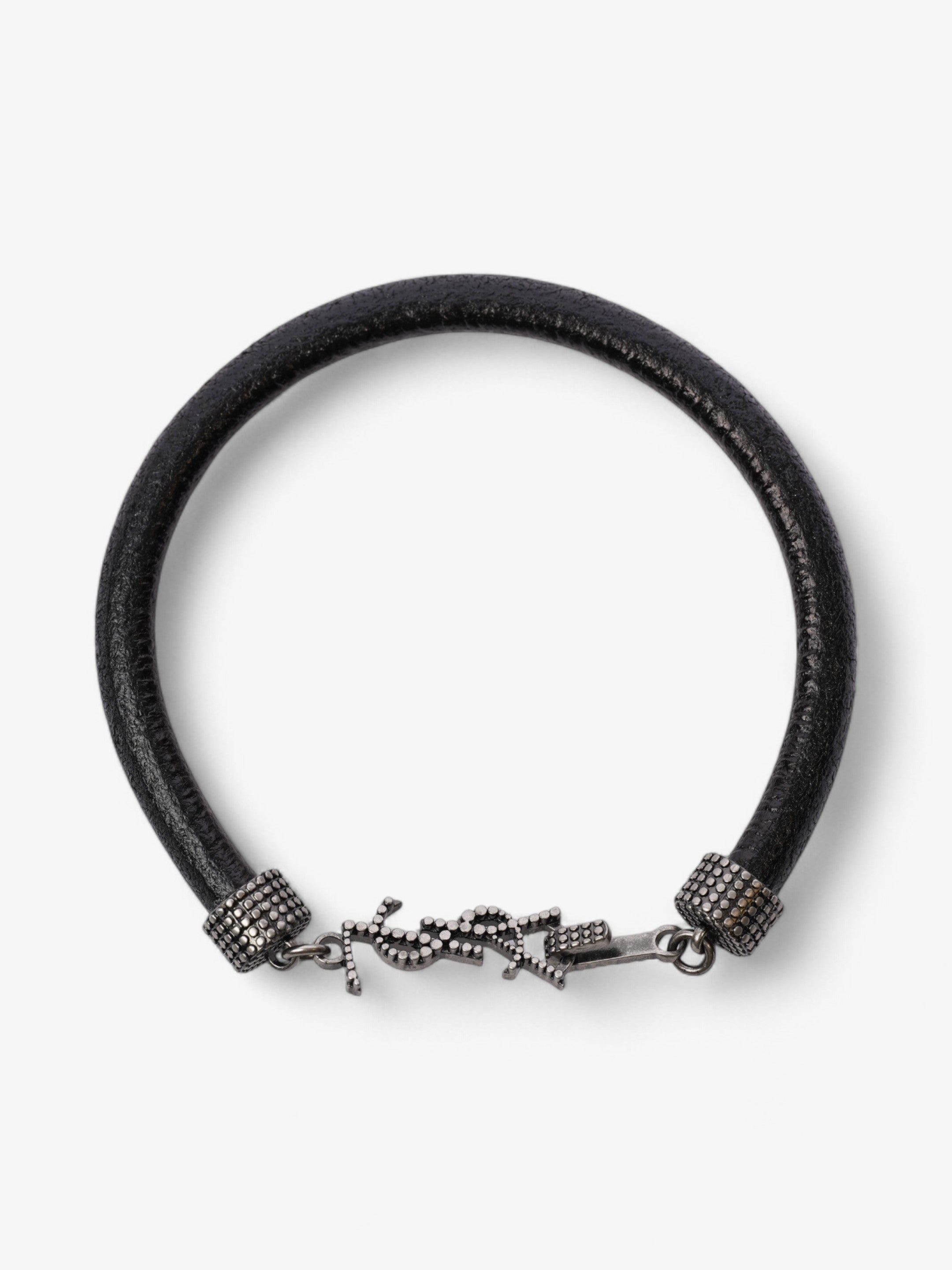 Saint Laurent Logo Hook Bracelet Black / Silver Tone Leather Medium