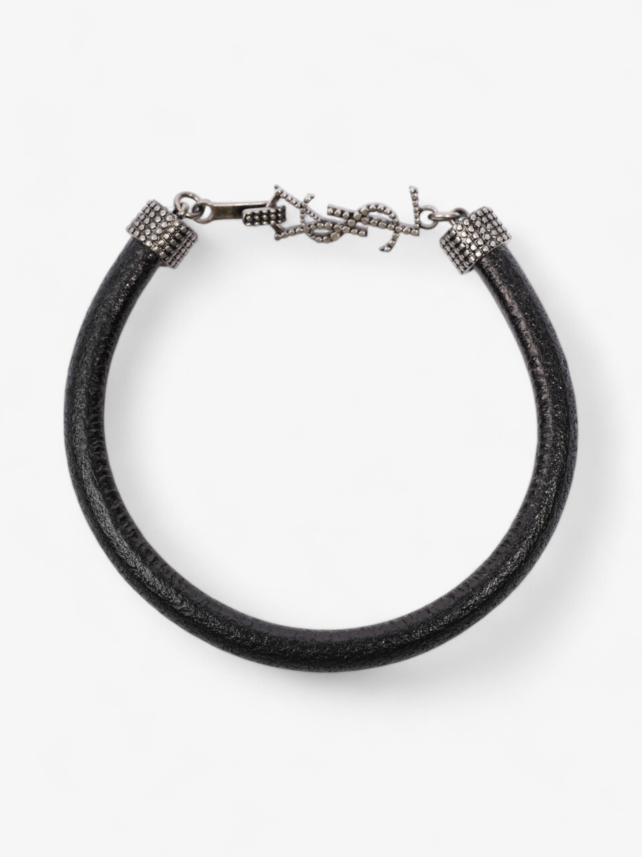 Saint Laurent Logo Hook Bracelet Black / Silver Tone Leather Medium