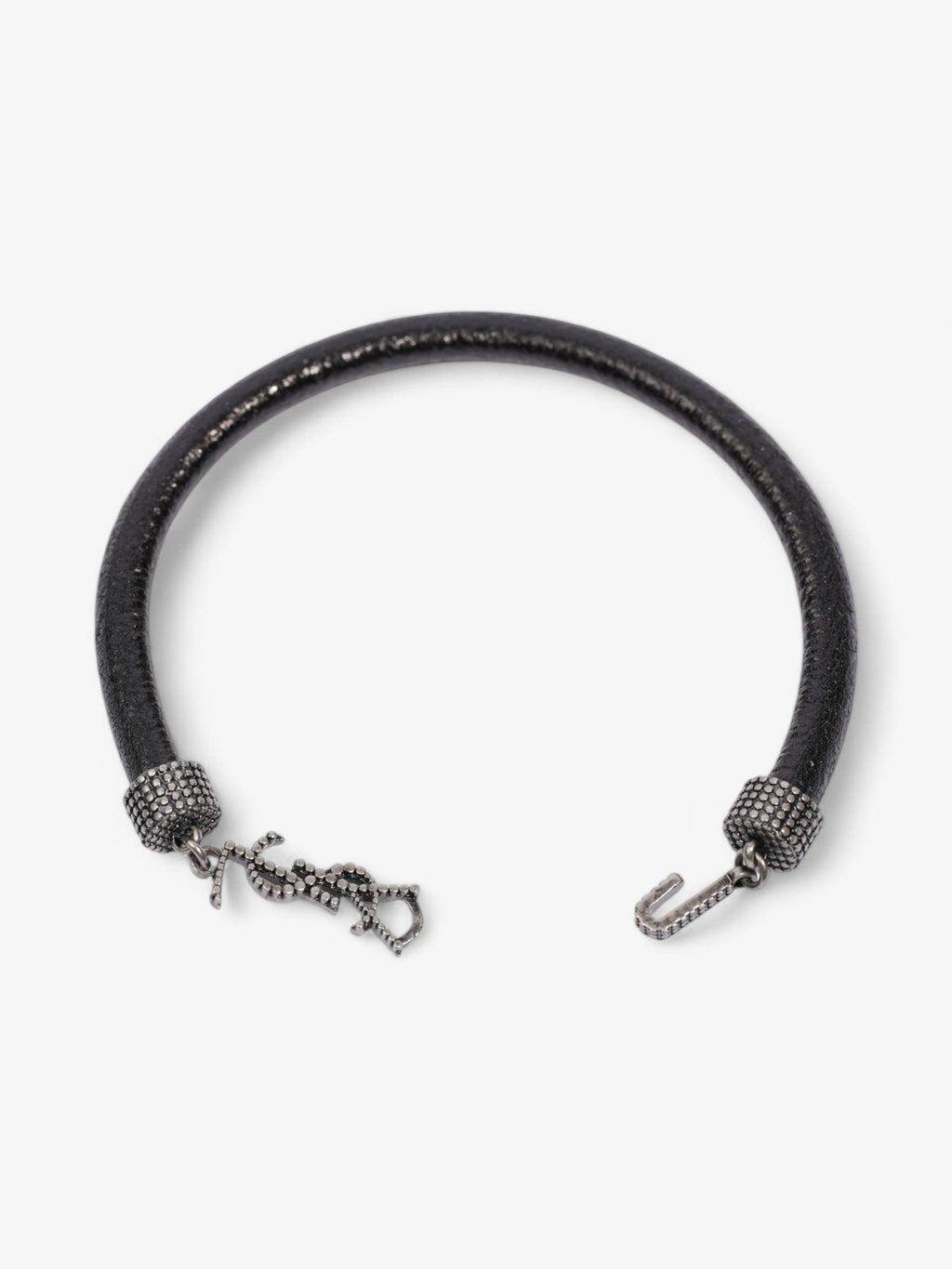 Saint Laurent Logo Hook Bracelet Black / Silver Tone Leather Medium