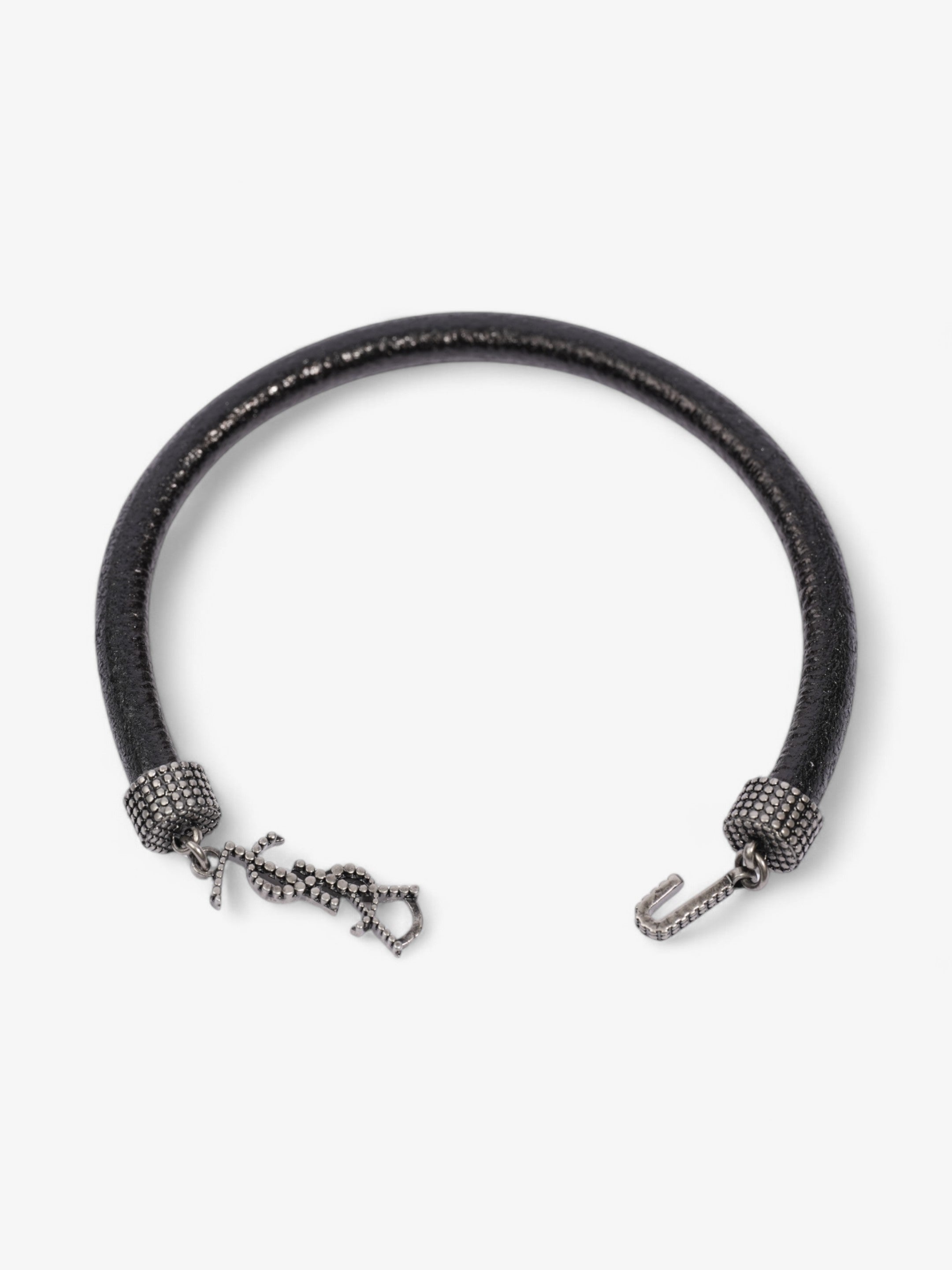 Saint Laurent Logo Hook Bracelet Black / Silver Tone Leather Medium