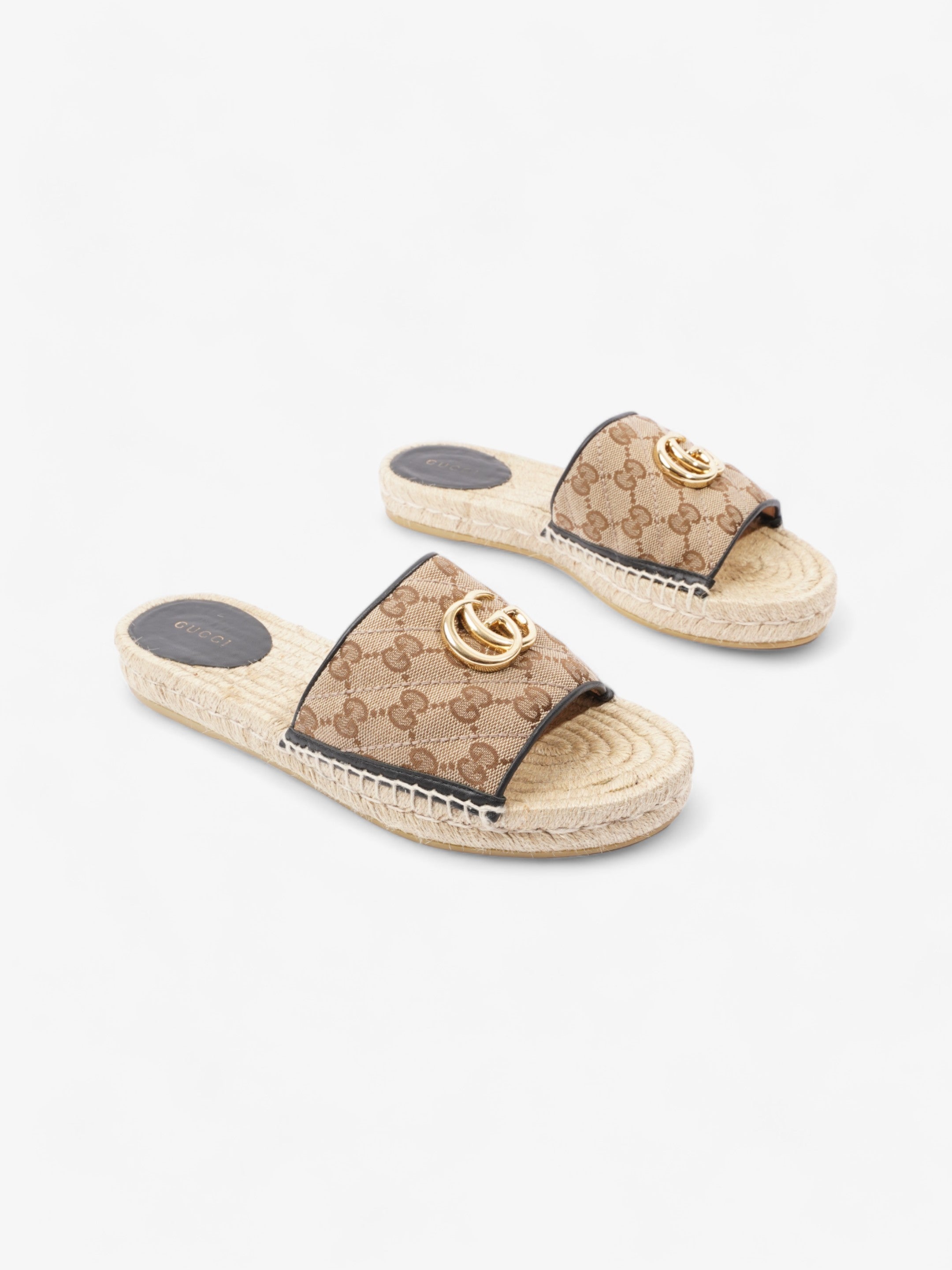 Gucci GG MATELASS脡 CANVAS ESPADRILLE SANDAL Beige Monogram / Black Canvas EU 38.5 UK 5.5