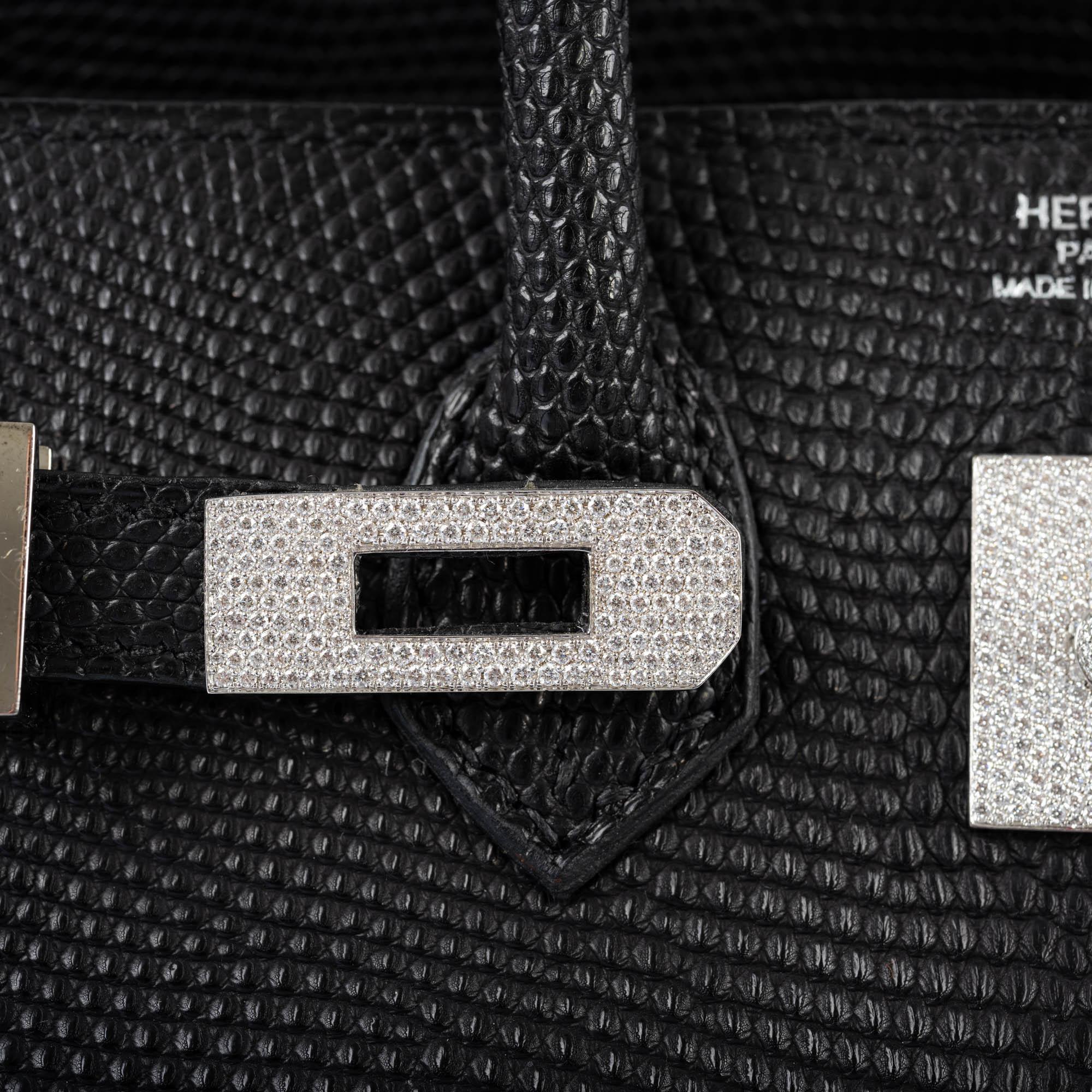 Vintage HermÃƒÆ’Ã‚Â¨s Birkin 25 Black Salvator Lizard With Jacob & Co. White Gold & Diamond Hardware - 2009, Square M