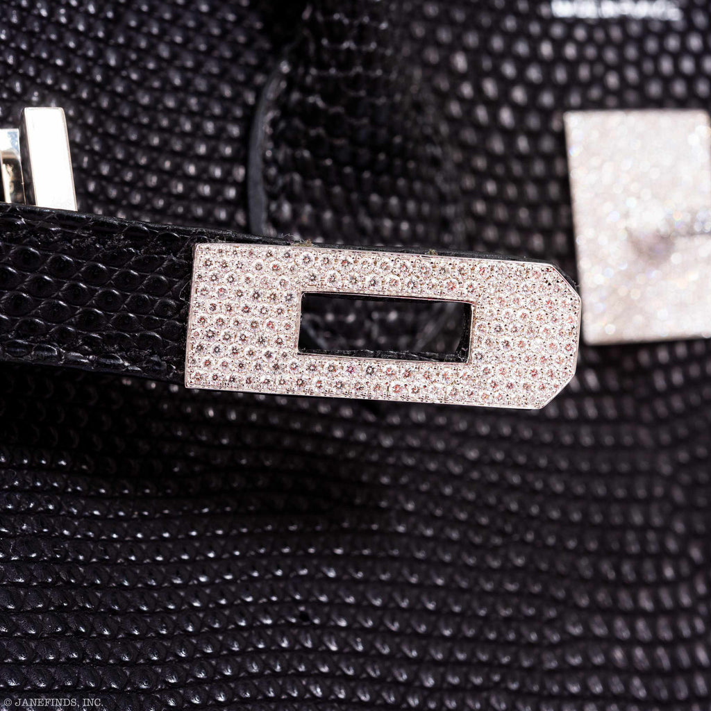 Vintage HermÃƒÆ’Ã‚Â¨s Birkin 25 Black Salvator Lizard With Jacob & Co. White Gold & Diamond Hardware - 2009, Square M