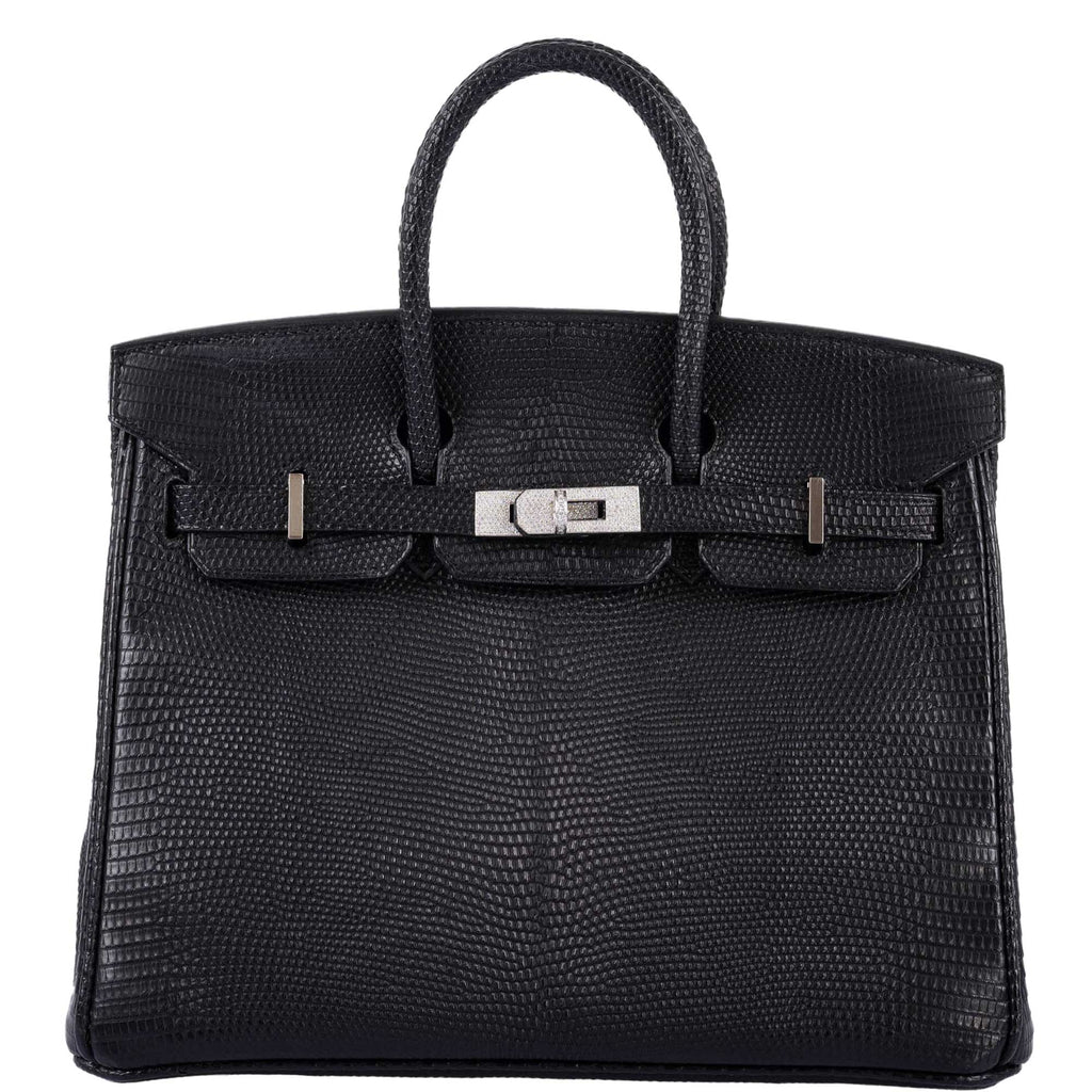 Vintage HermÃƒÆ’Ã‚Â¨s Birkin 25 Black Salvator Lizard With Jacob & Co. White Gold & Diamond Hardware - 2009, Square M