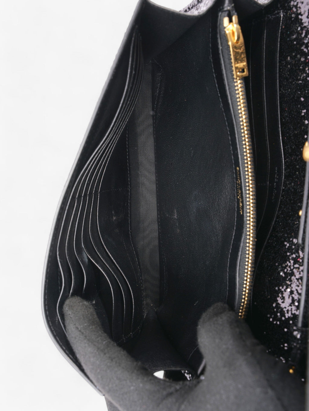 Saint Laurent Kate Chain Wallet Black Glitter Small