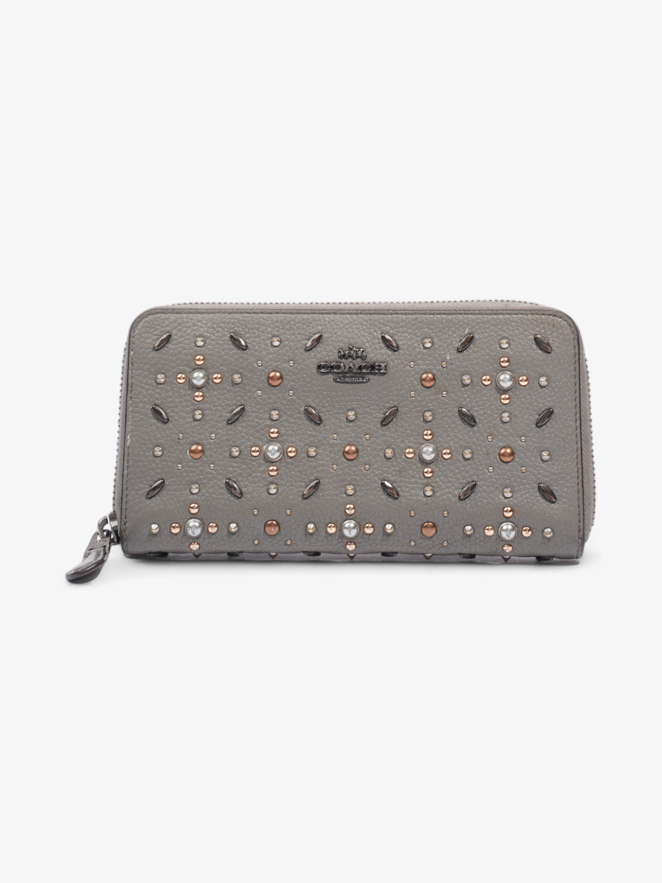 Coach Studded Zip Around Wallet Grey Leather
