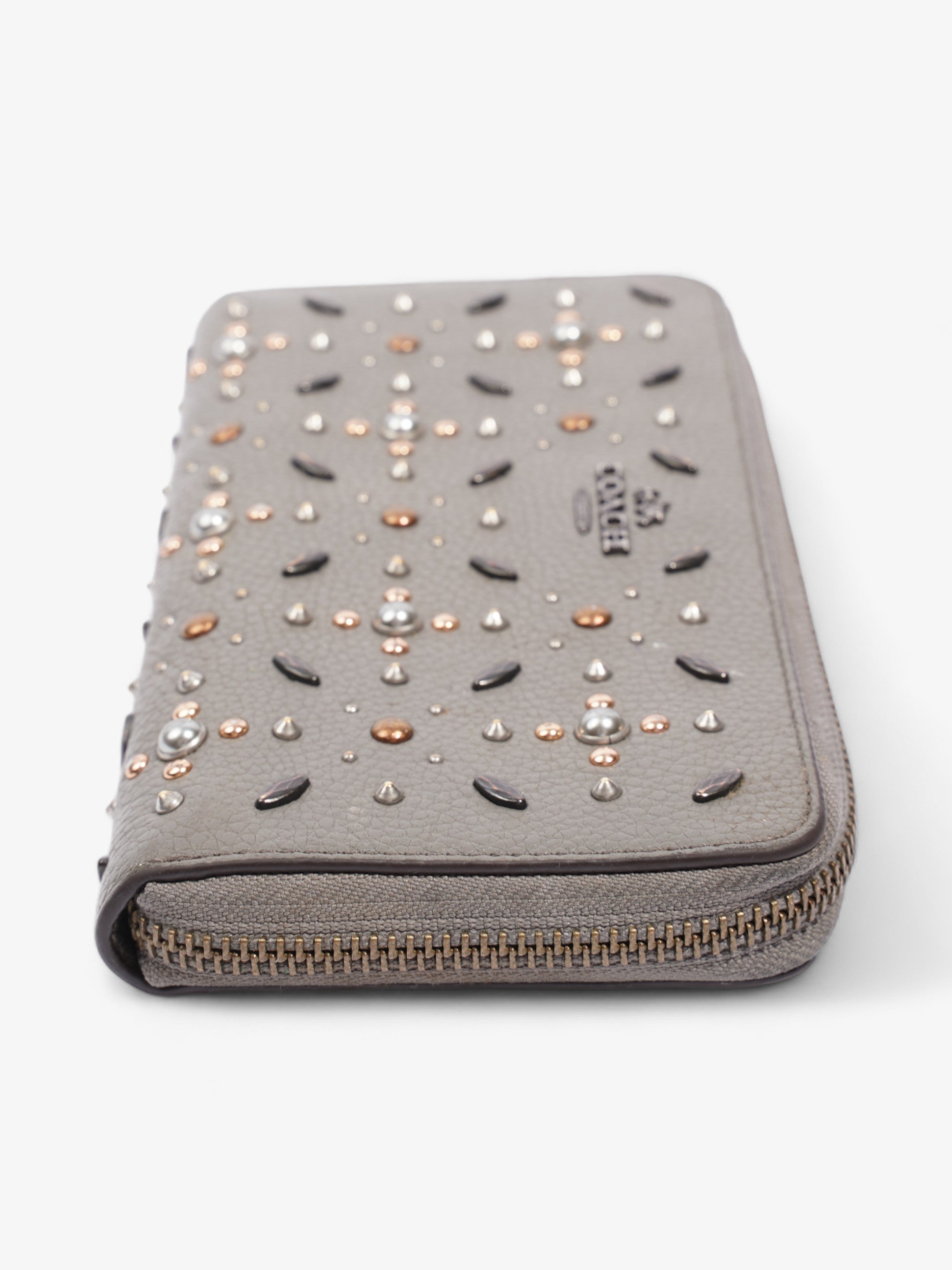 Coach Studded Zip Around Wallet Grey Leather