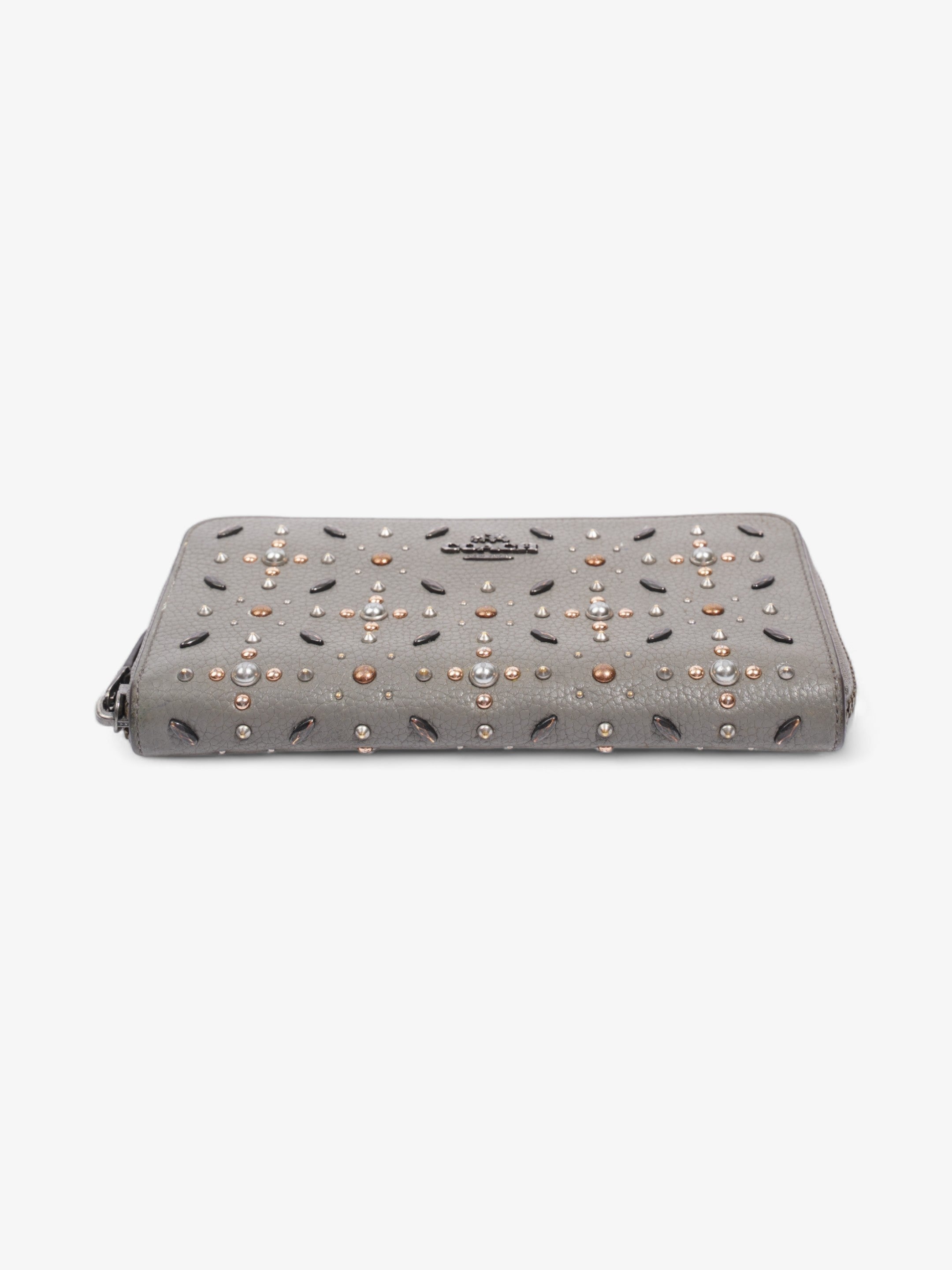 Coach Studded Zip Around Wallet Grey Leather