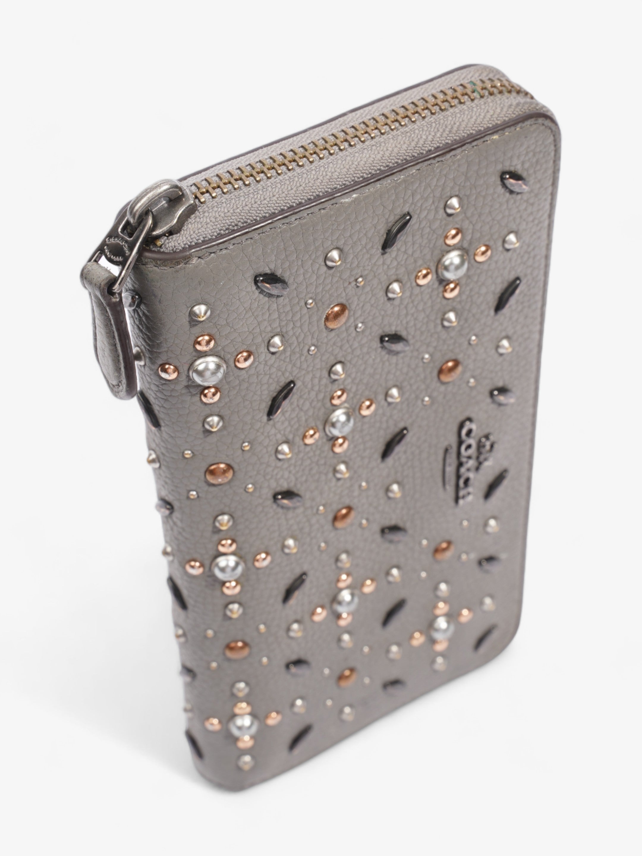 Coach Studded Zip Around Wallet Grey Leather