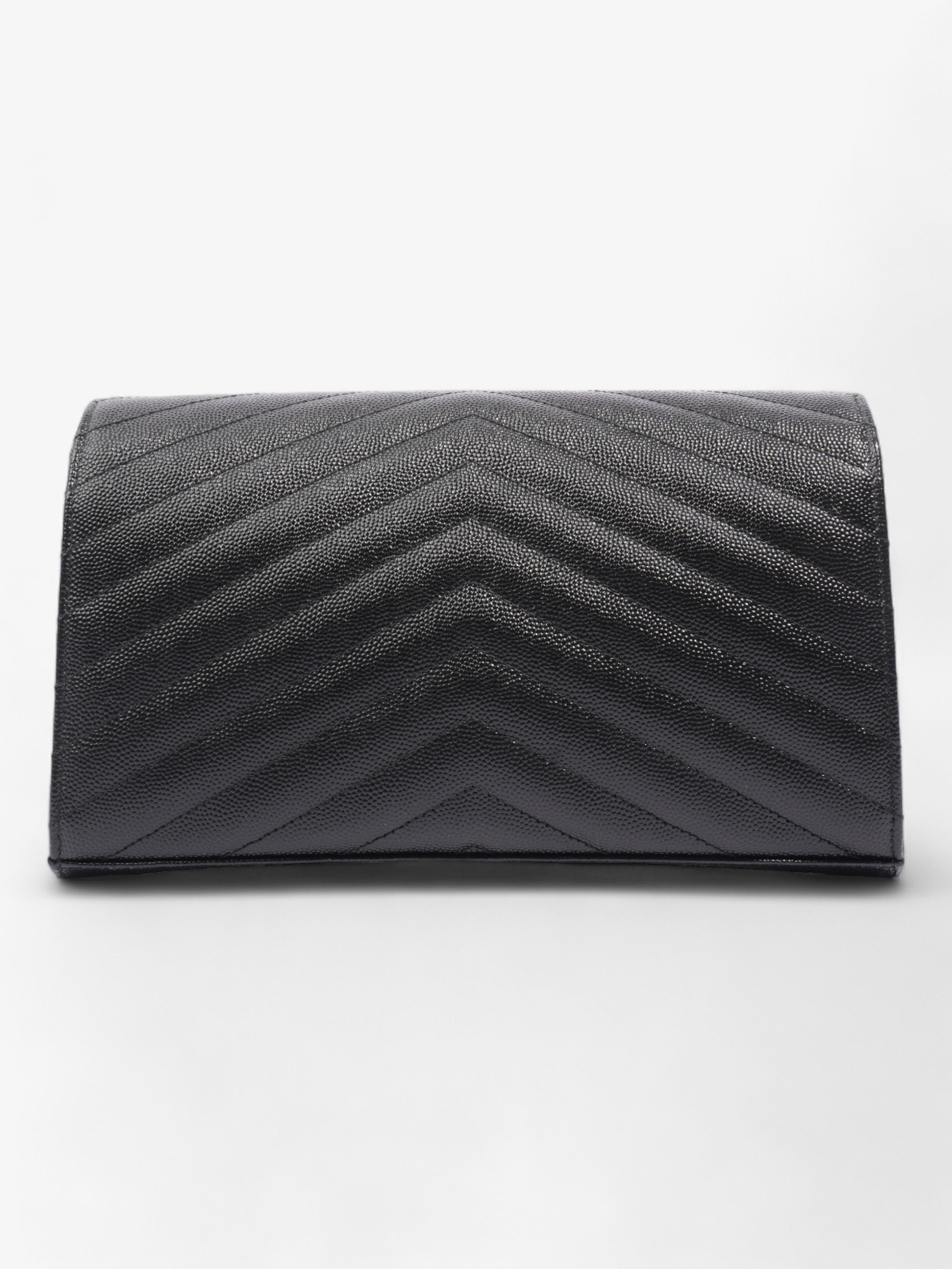Saint Laurent Cassandre Envelope Chain Wallet Black Grained Leather