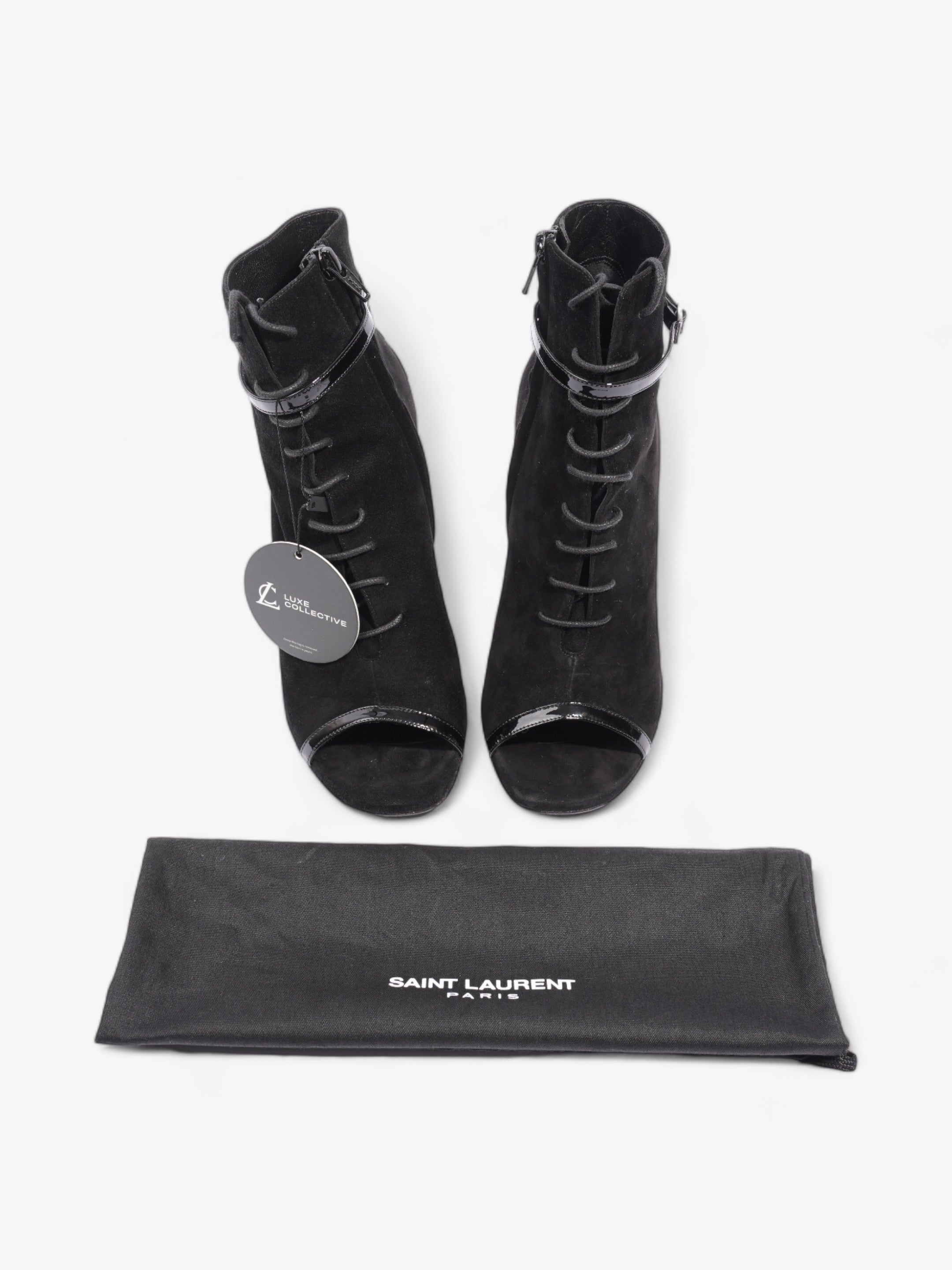 Saint Laurent Peep Toe Lace Up Boot 110 Black Suede EU 37 UK 4
