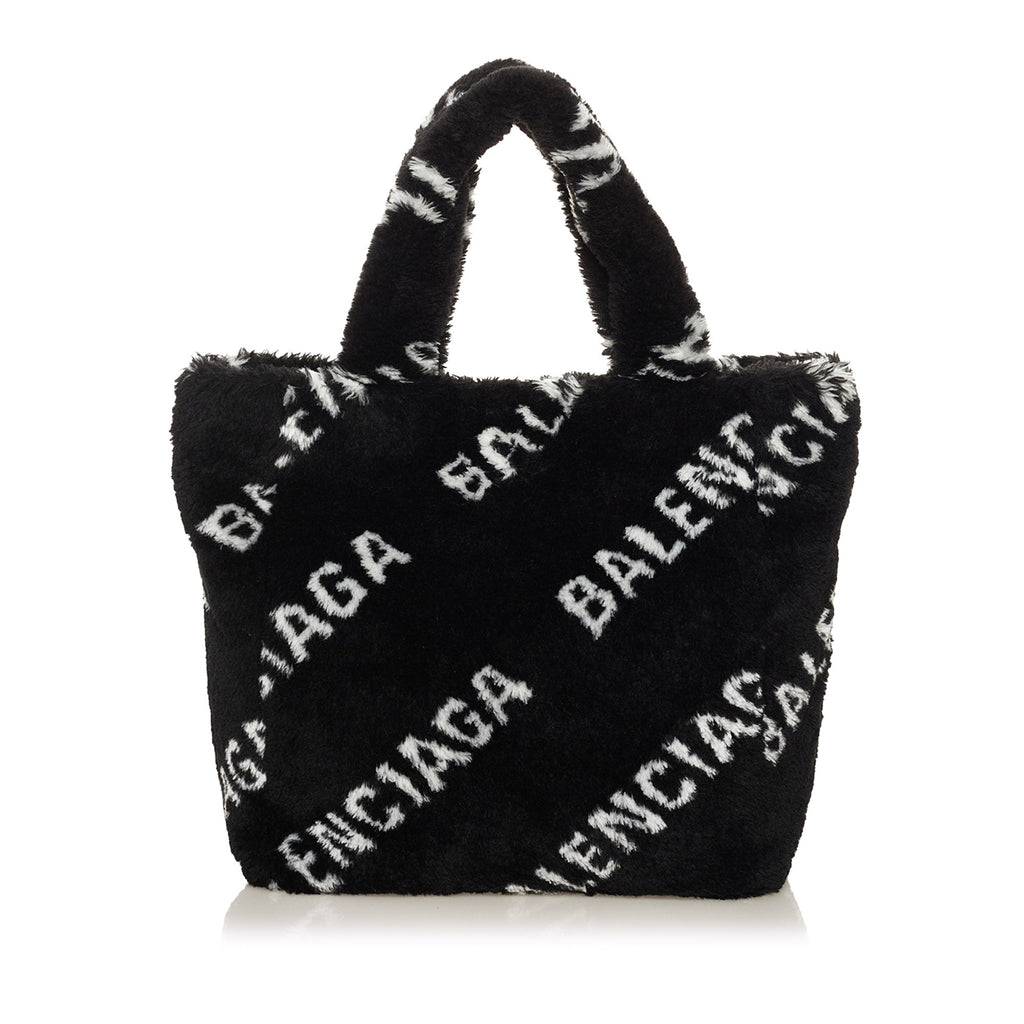 Black Balenciaga Logo Faux Fur Everyday XS Tote Bag