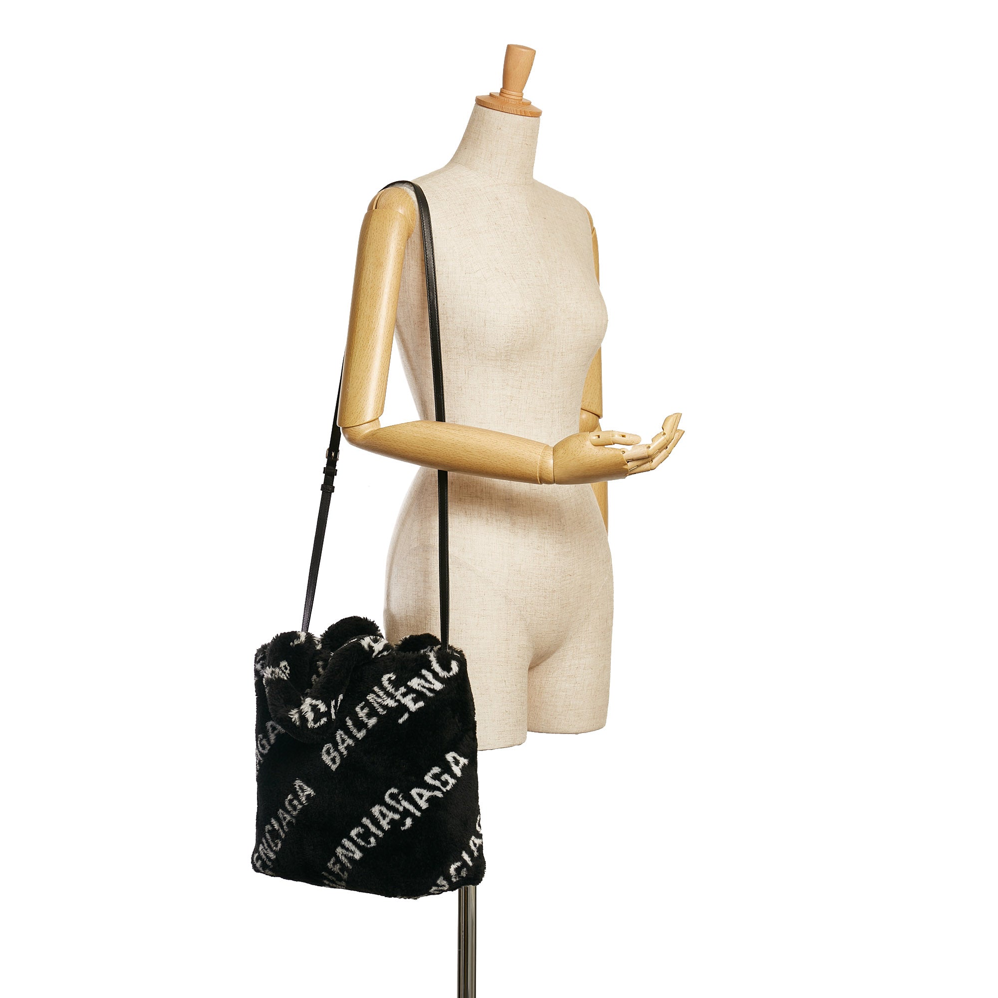 Black Balenciaga Logo Faux Fur Everyday XS Tote Bag