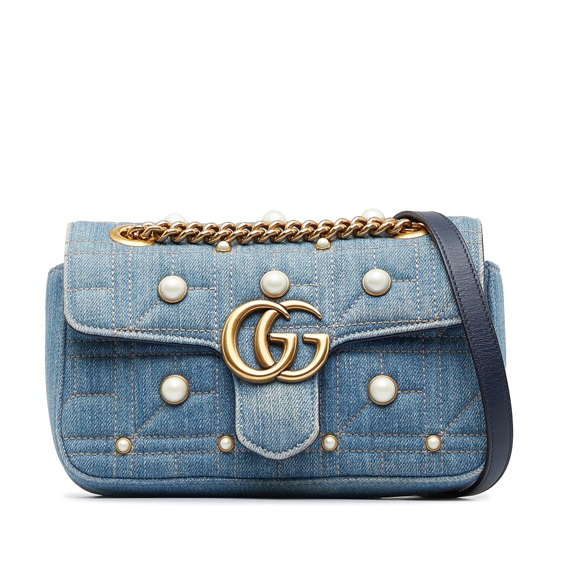 Gucci Pearly GG Marmont Mini Blue Denim MatelassÃƒÆ’Ã‚Â©
