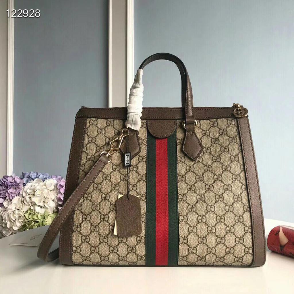 gg Ophidia gg Medium Tote Bag Beige/Ebony gg Supreme Canvas With Brown For Women 13in/33cm gg 524537 K05NB 8745