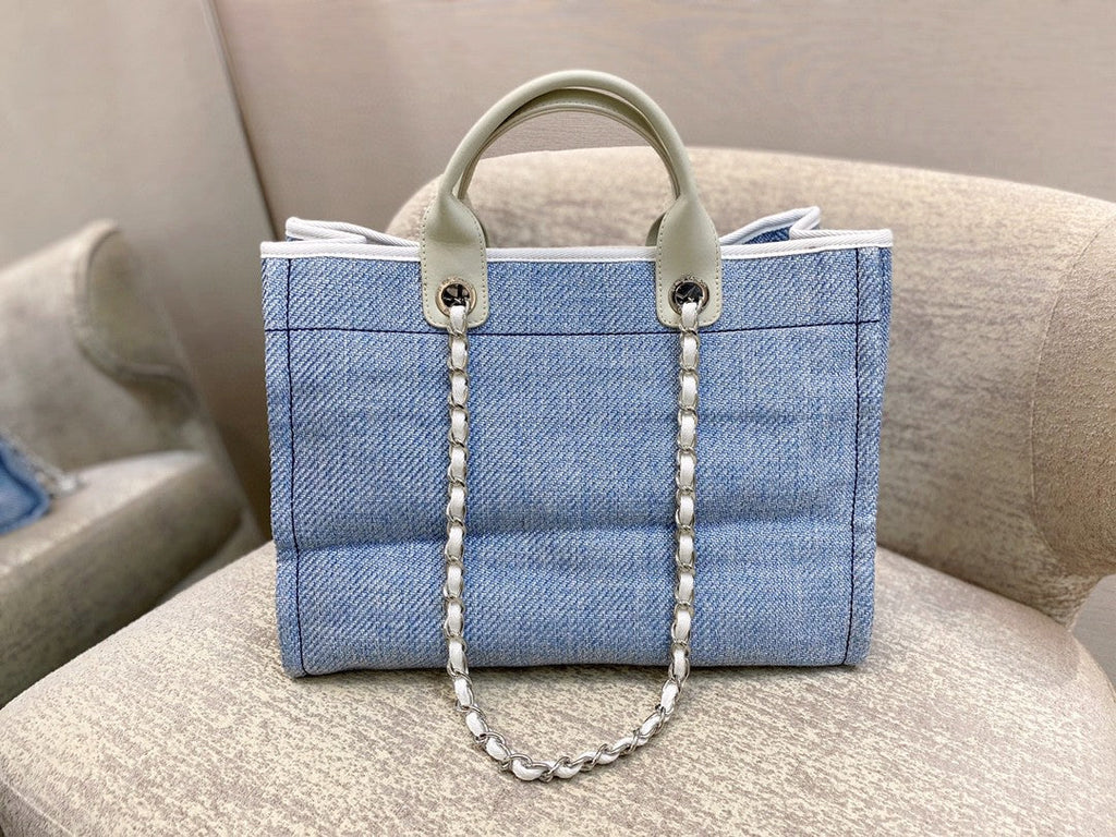 CHL Deauville Tote Tweed Canvas Bag Fall/Winter Collection, Light Blue/White For Women 15in/38cm