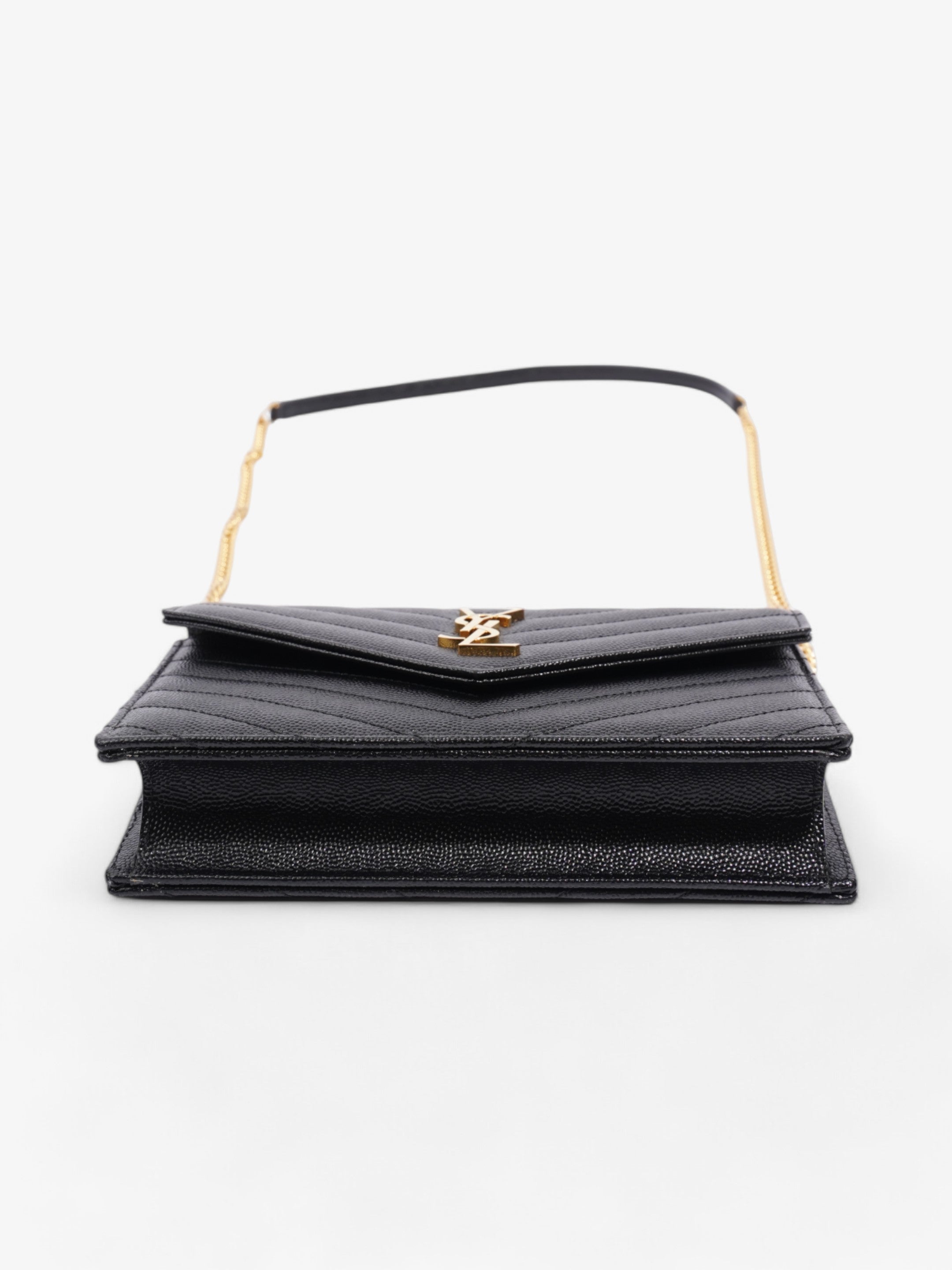 Saint Laurent Cassandre Envelope Chain Wallet Black Grained Leather