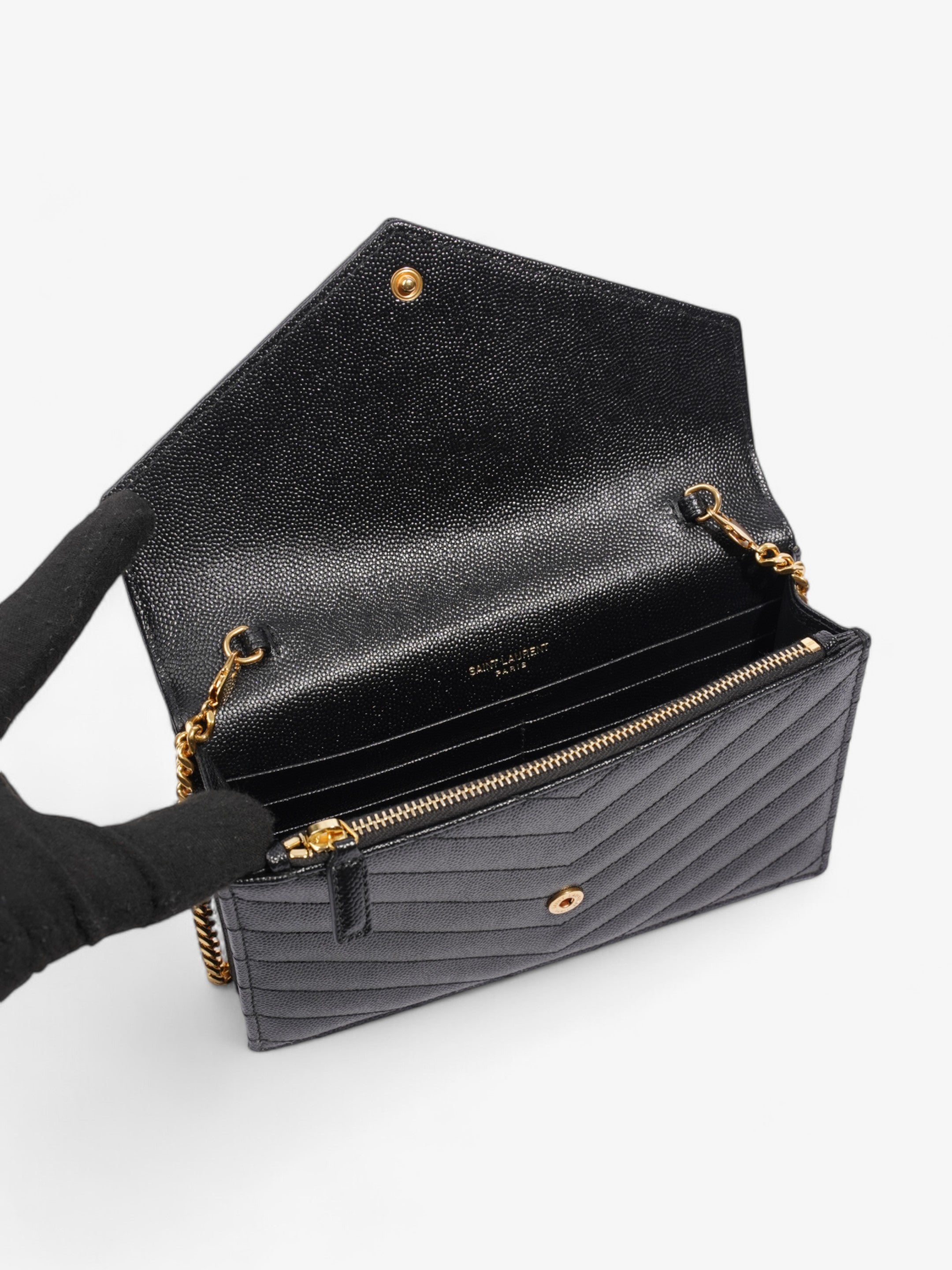 Saint Laurent Cassandre Envelope Chain Wallet Black Grained Leather