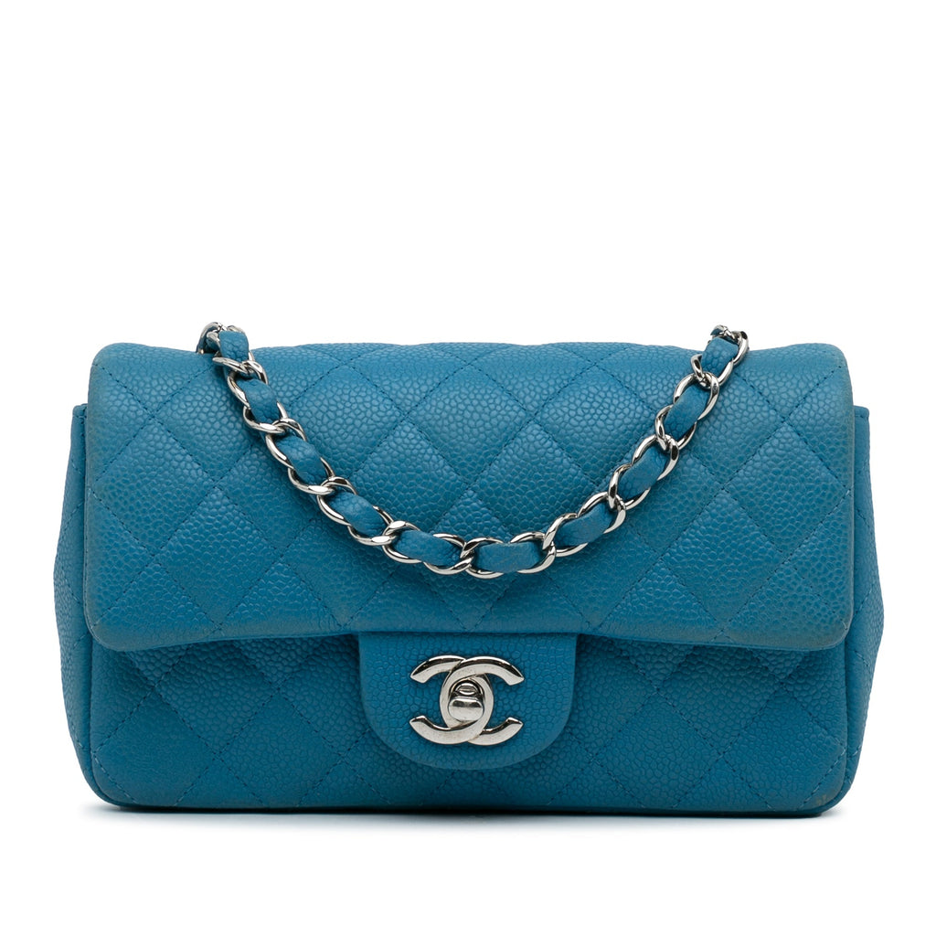 Chanel Classic Mini Rectangular Single Flap Blue Caviar Silver