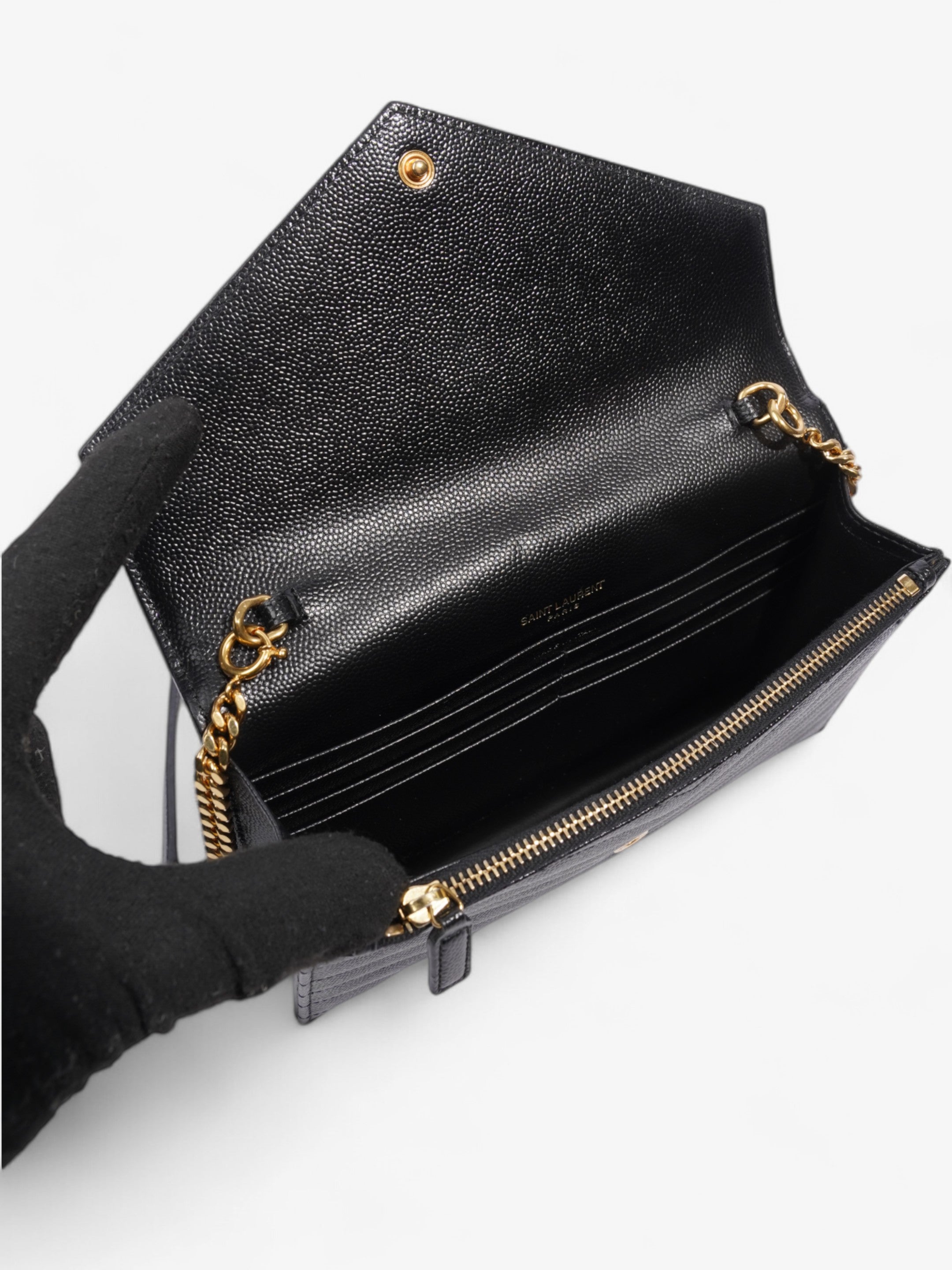 Saint Laurent Cassandre Envelope Chain Wallet Black Grained Leather