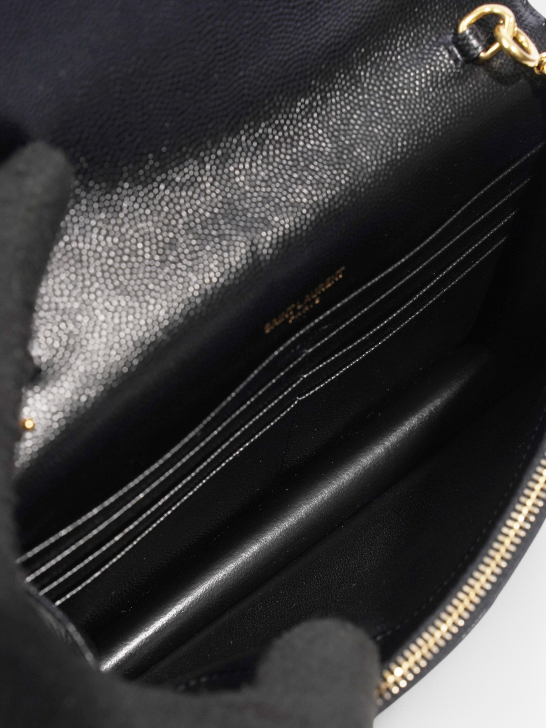 Saint Laurent Cassandre Envelope Chain Wallet Black Grained Leather