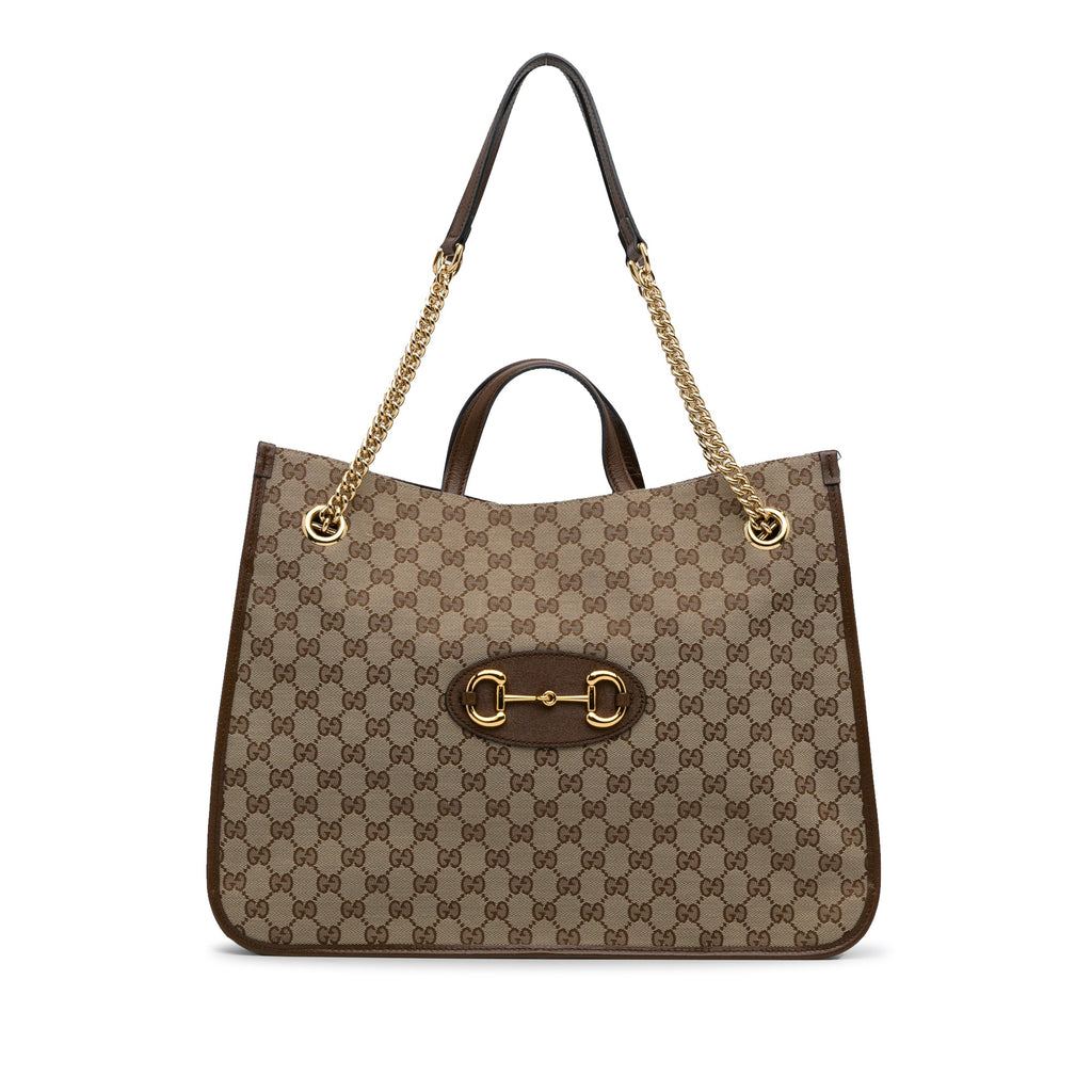 Brown Gucci Large GG Canvas 1955 Horsebit Chain Tote Satchel