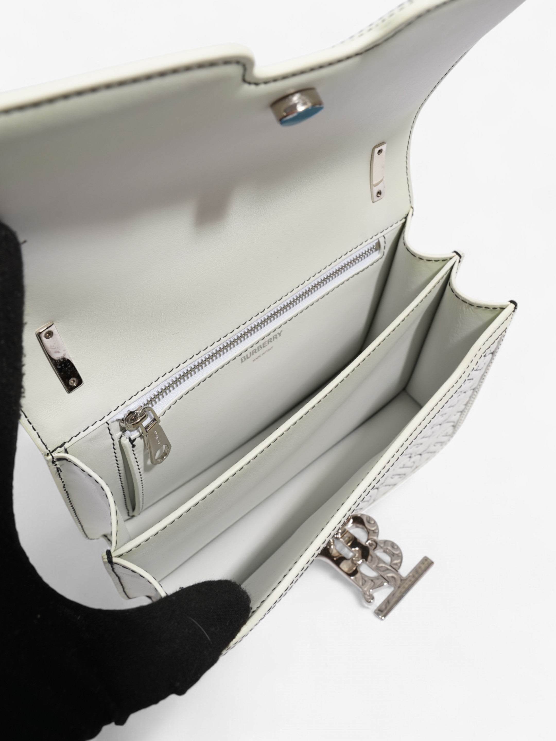 Burberry TB Chain Bag Optic White / Black Lambskin Leather Small