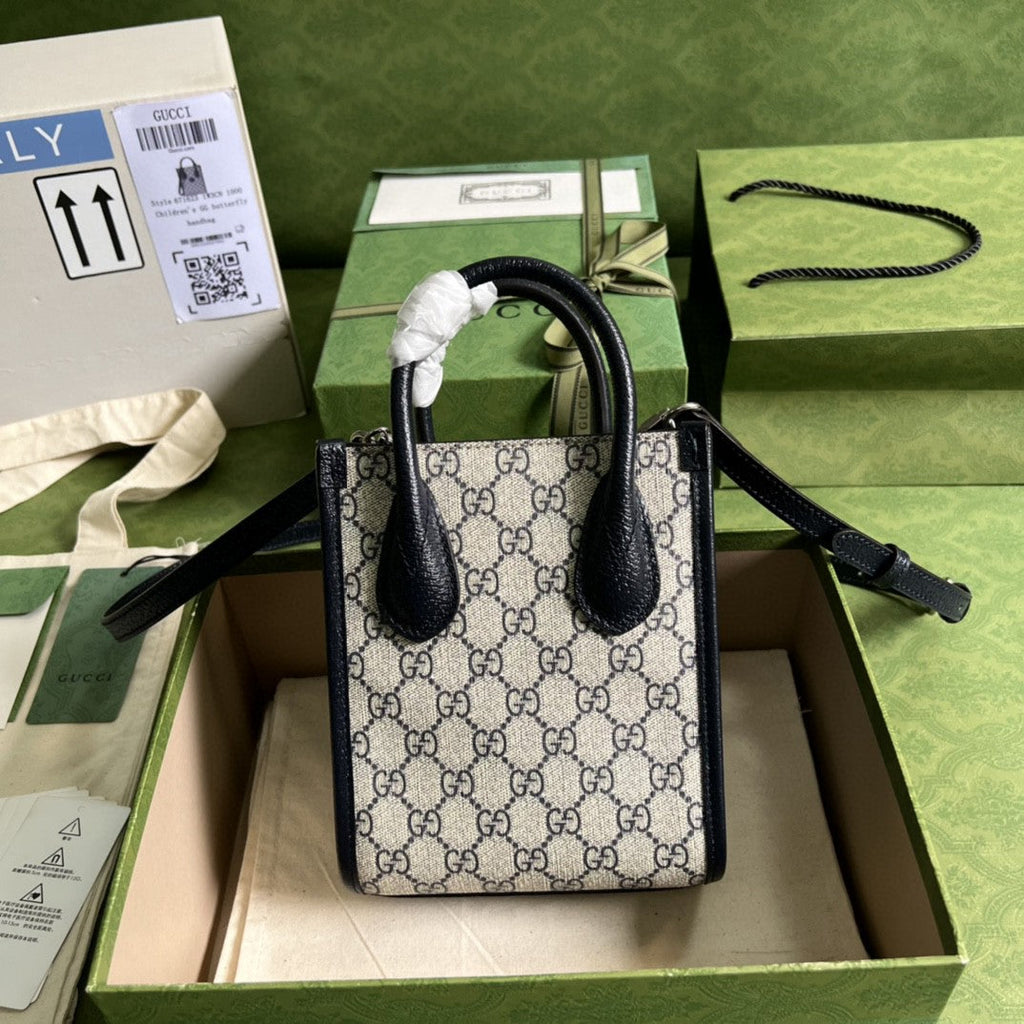 gg Mini Tote Bag With Interlocking G Beige And Blue gg Supreme Canvas For Women 7.8in/20cm 671623 K9GSN 4075