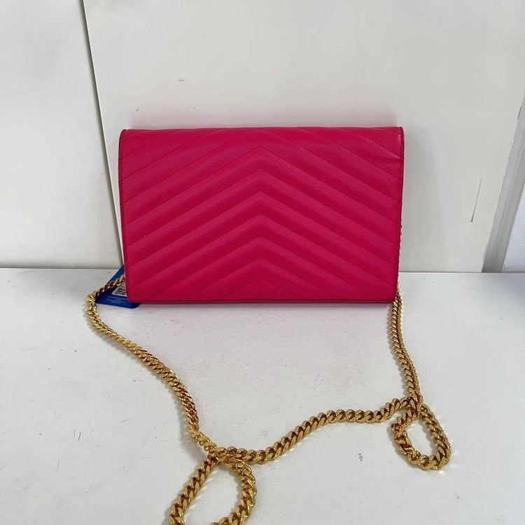Saint Laurent Pink Chevron Quilted Grained Leather Envelope Wallet On Chain