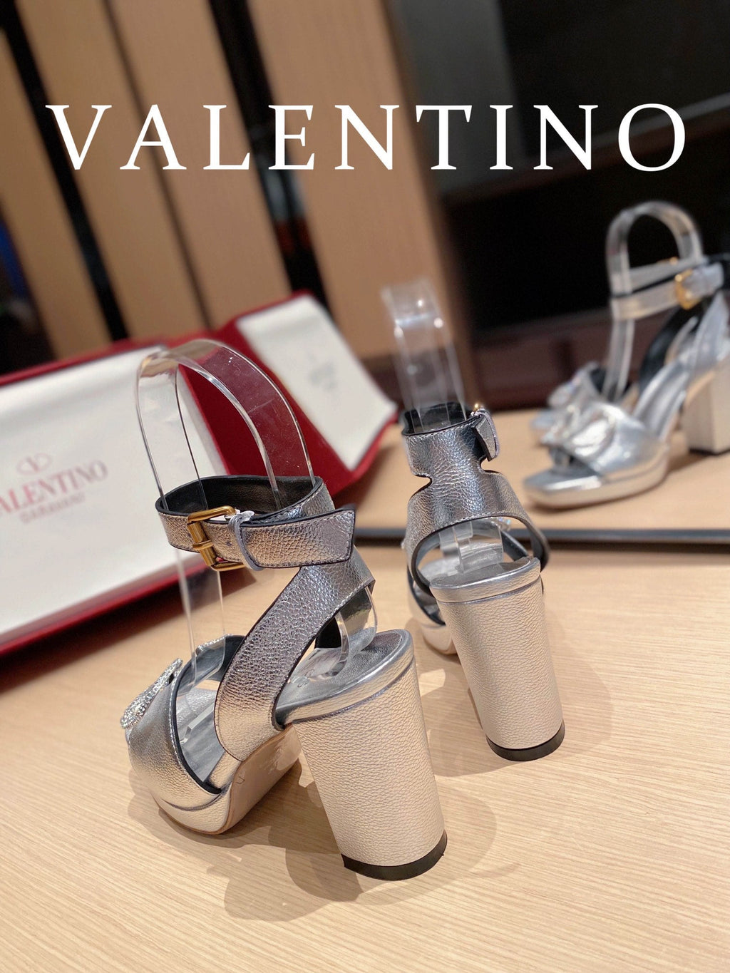 Valentino Garavani Strap Heeled Sandals With V Logo Signature EmbellisGLAMIent Silver For Women