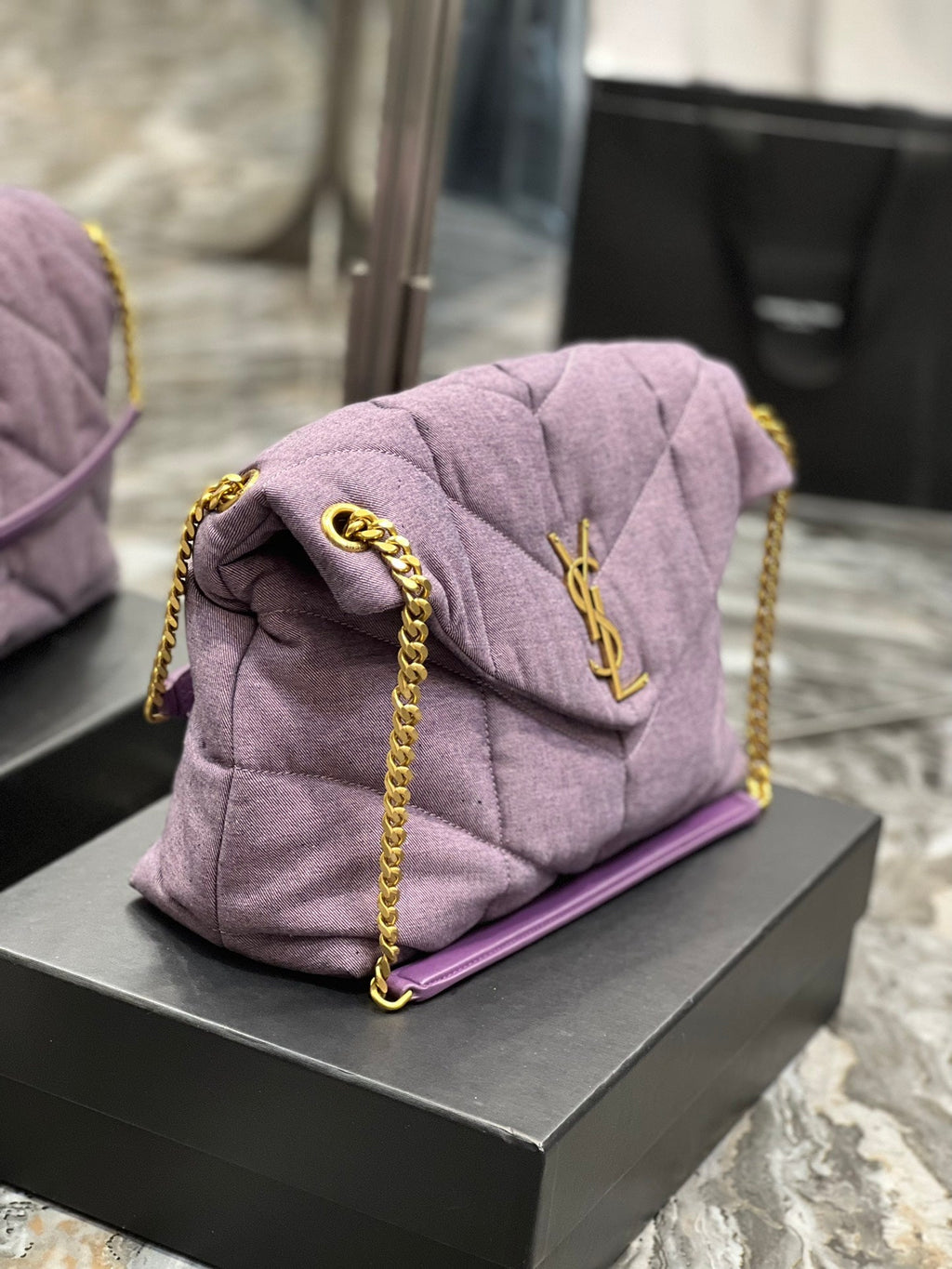 GLAMI Puffer MeGLAMIum Chain Bag Blesched Lilac In Denim For Women 13.8in/35cm YSL