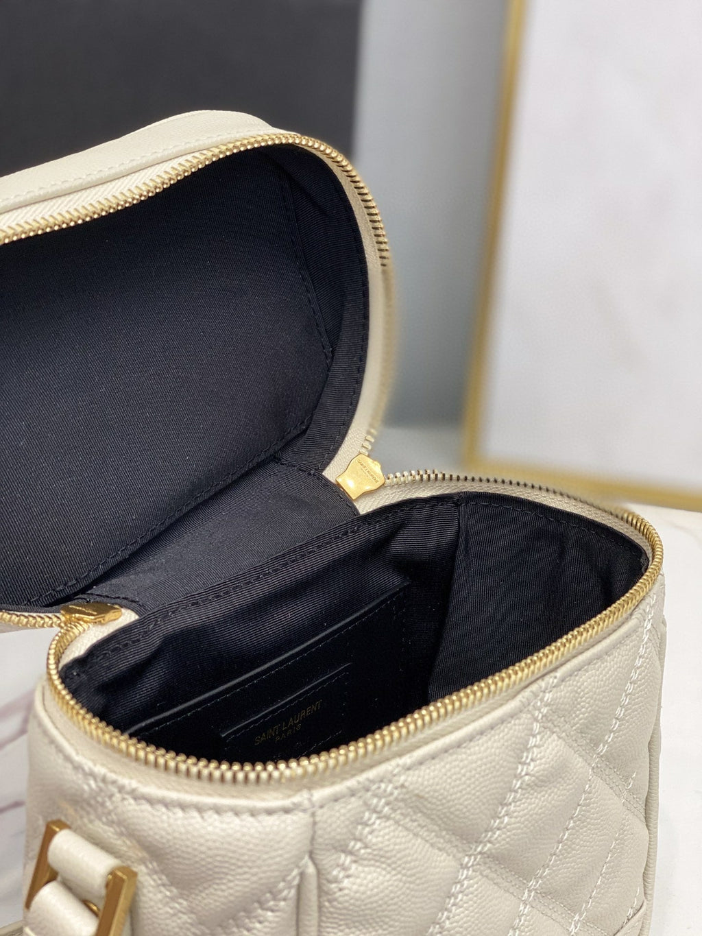 YSSL 80’s Vanity Bag In Carré-Quilted Grain De Poudre White For Women 6.4in/16.5cm YSL 649779DME279207