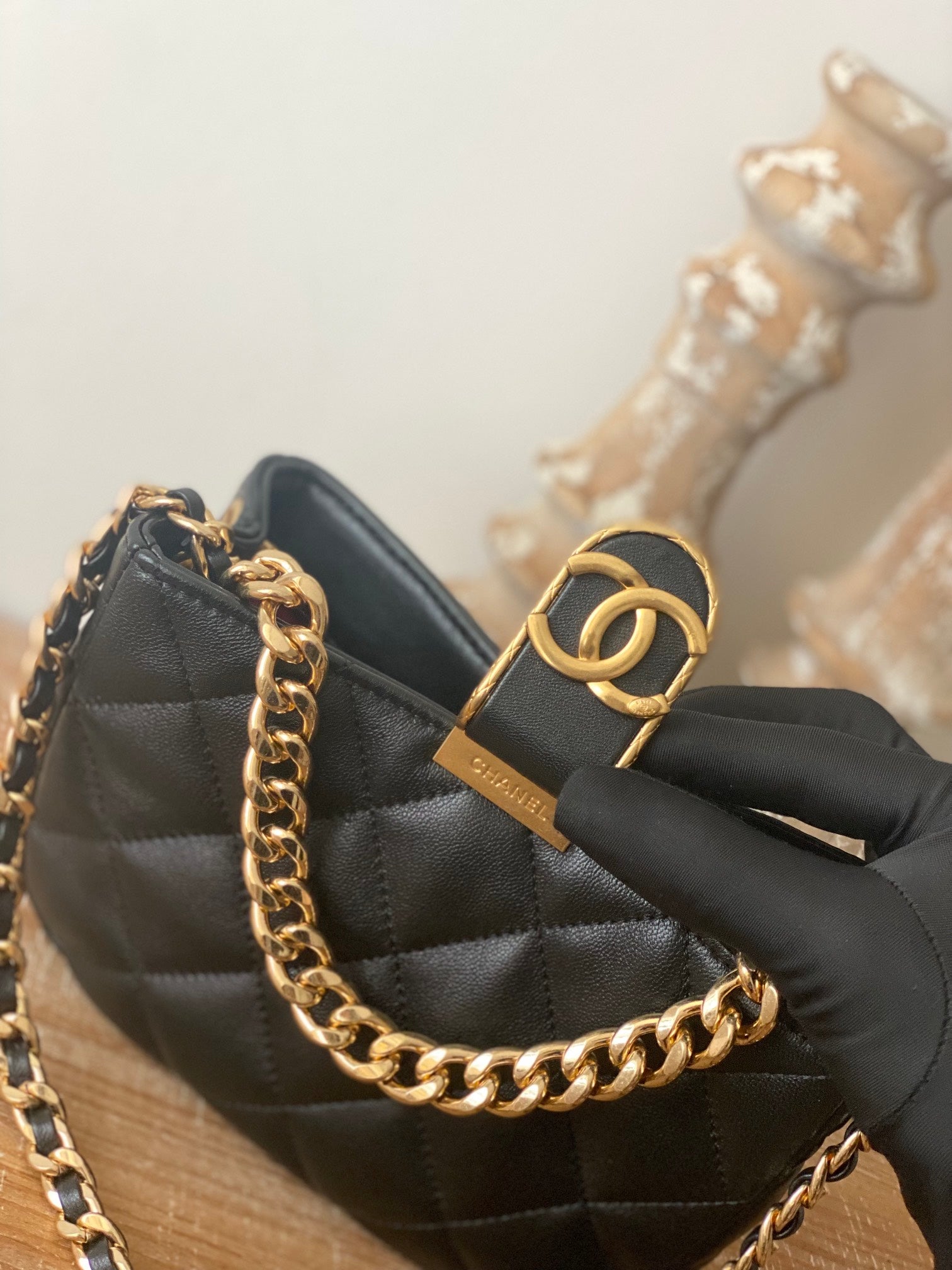 CHLSmall Hobo Bag Gold Hardware Black For Women Handbags, Shoulder Bags 7.5in/19cm