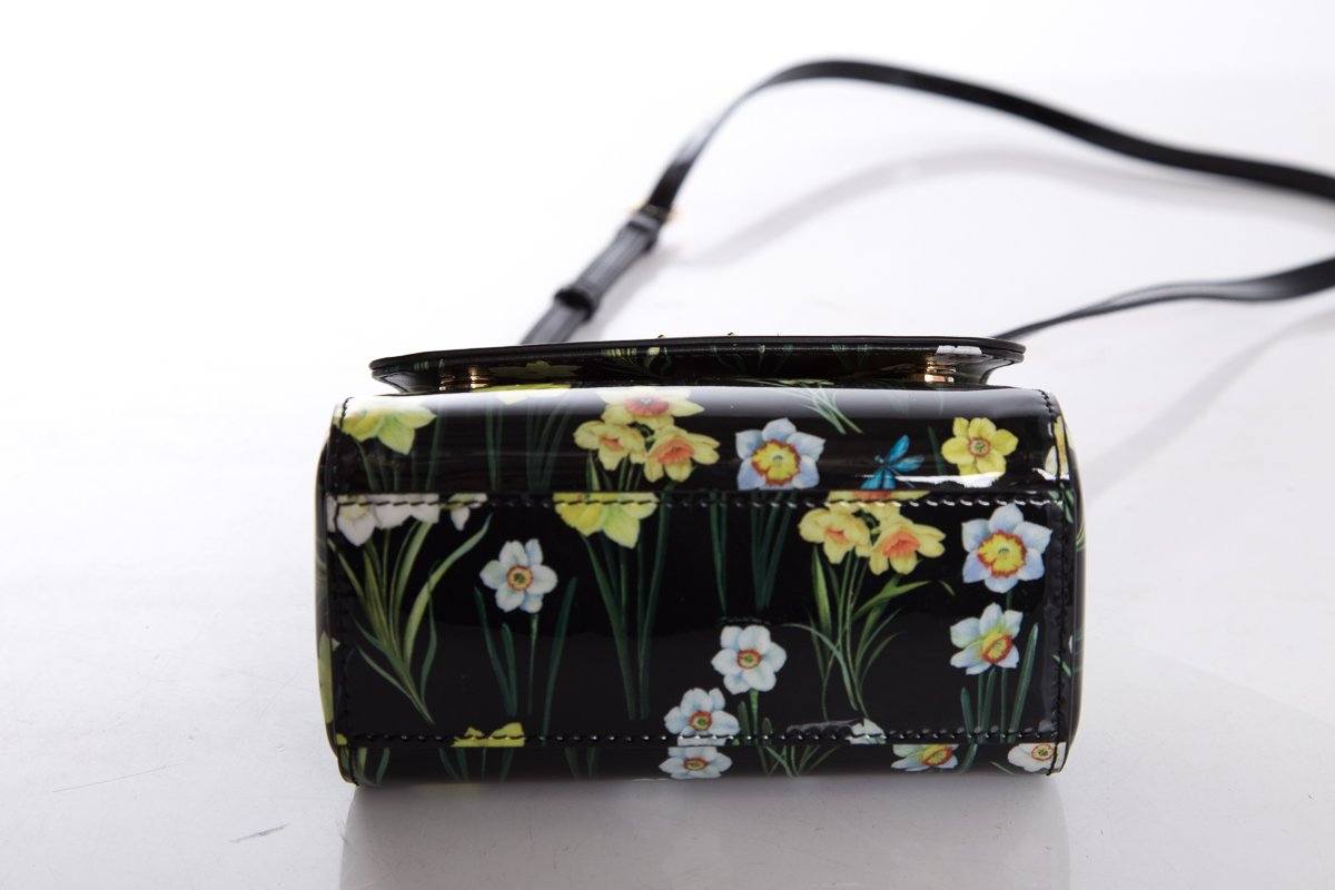 Dolce & Gabbana Black & Yellow Patent Leather Floral Motif Crossbody Bag