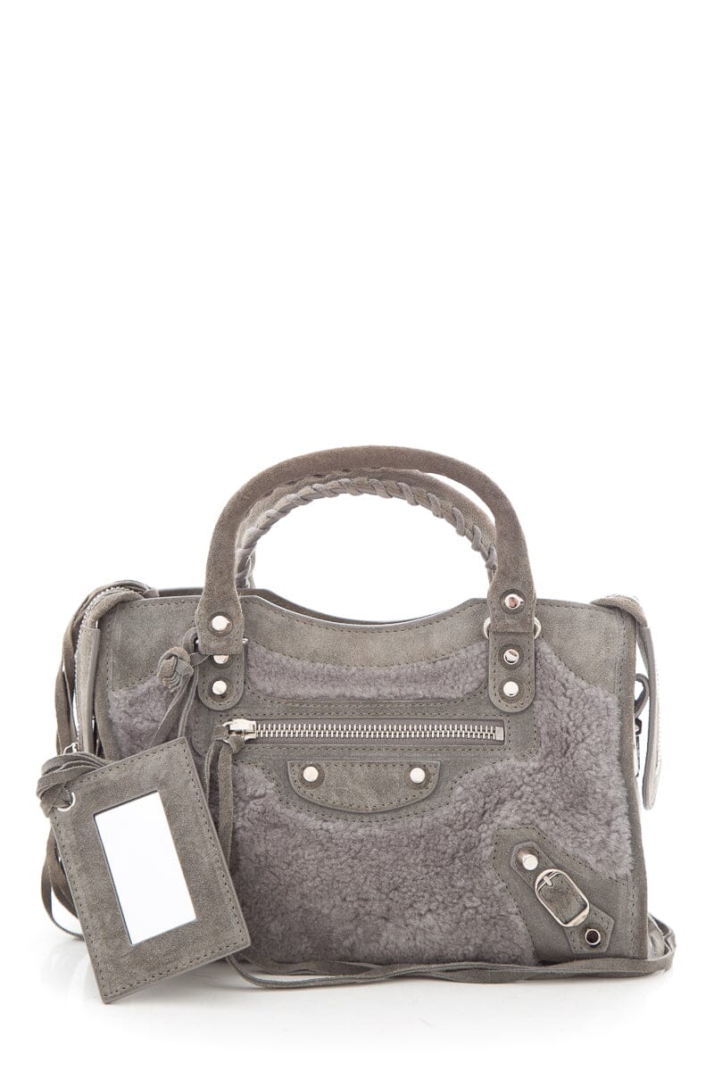 Balenciaga Grey Shearling & Suede Motocross Handbag