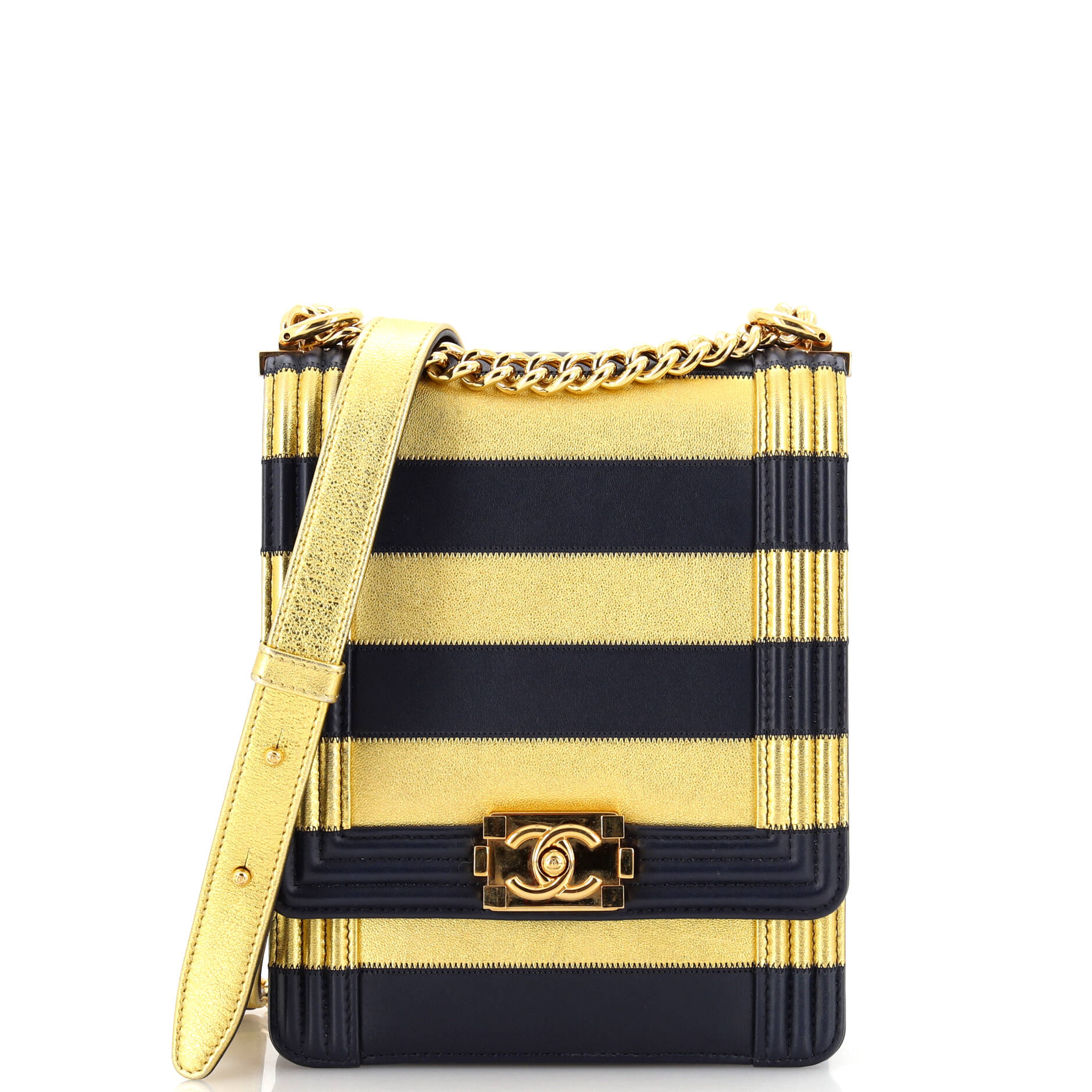 CHANEL Paris-New York North South Boy Flap Bag Striped Lambskin Small