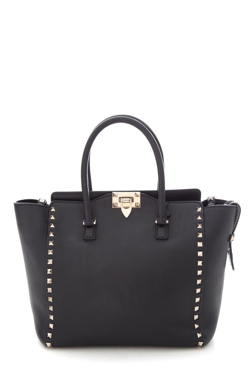 Valentino Black Leather Rockstud Tote Handbag