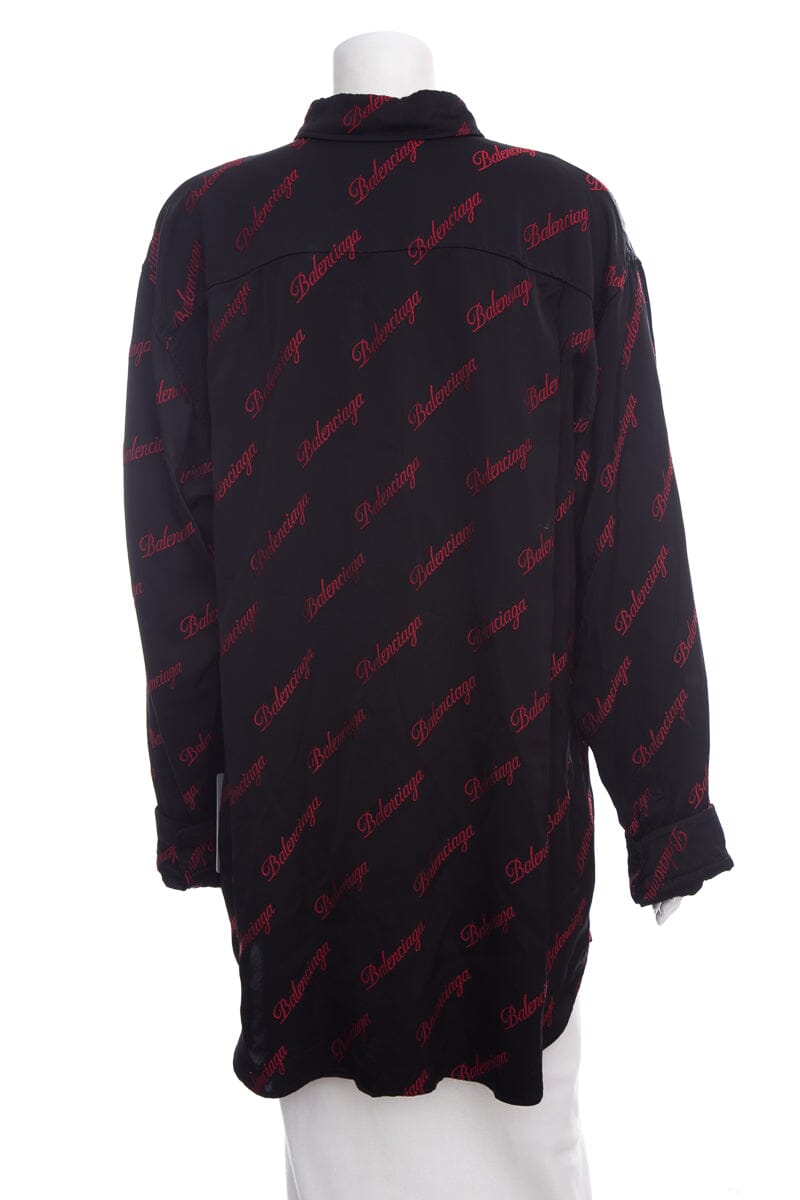 Balenciaga Black & Red Silk Long Sleeve Script Logo Blouse SZ 38 NWT