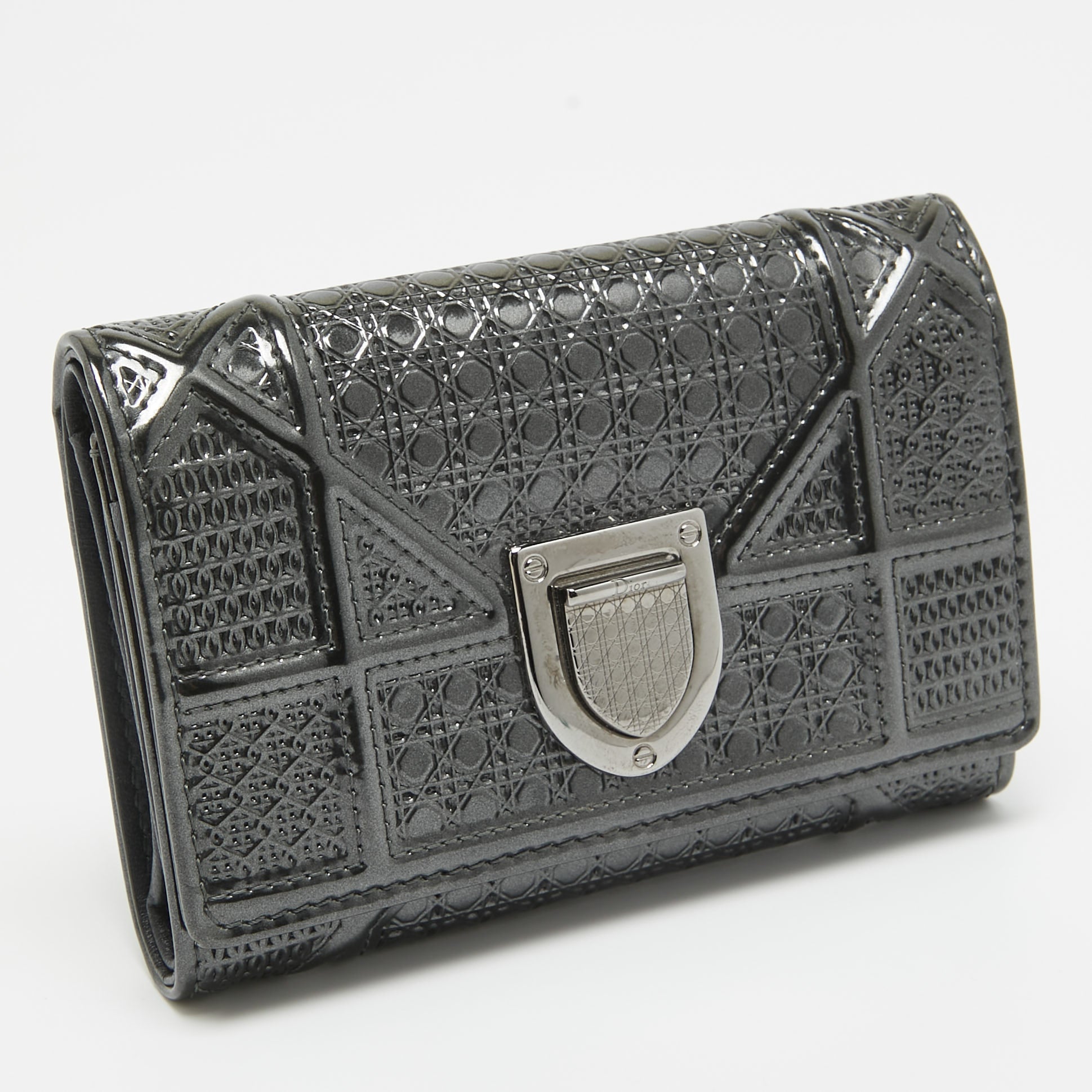 Dior Grey Microcannage Patent Leather Diorama Trifold Wallet