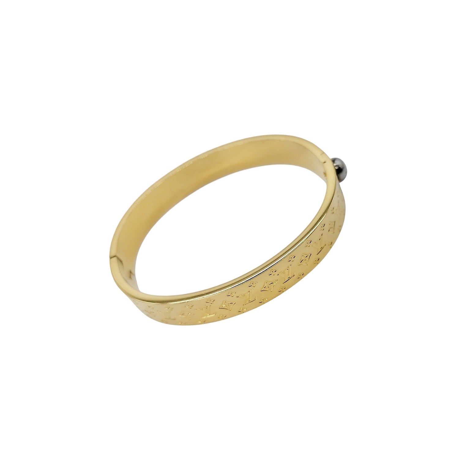 Louis Vuitton Gold Nanogram Hinged Cuff Bracelet Sz 6.5