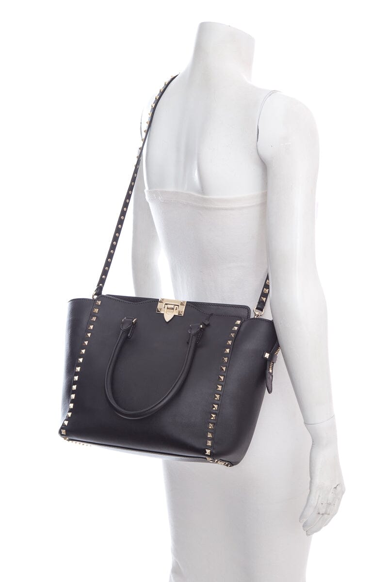 Valentino Black Leather Rockstud Tote Handbag