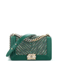 CHANEL Boy Flap Bag Studded Chevron Calfskin with Tweed Old Medium