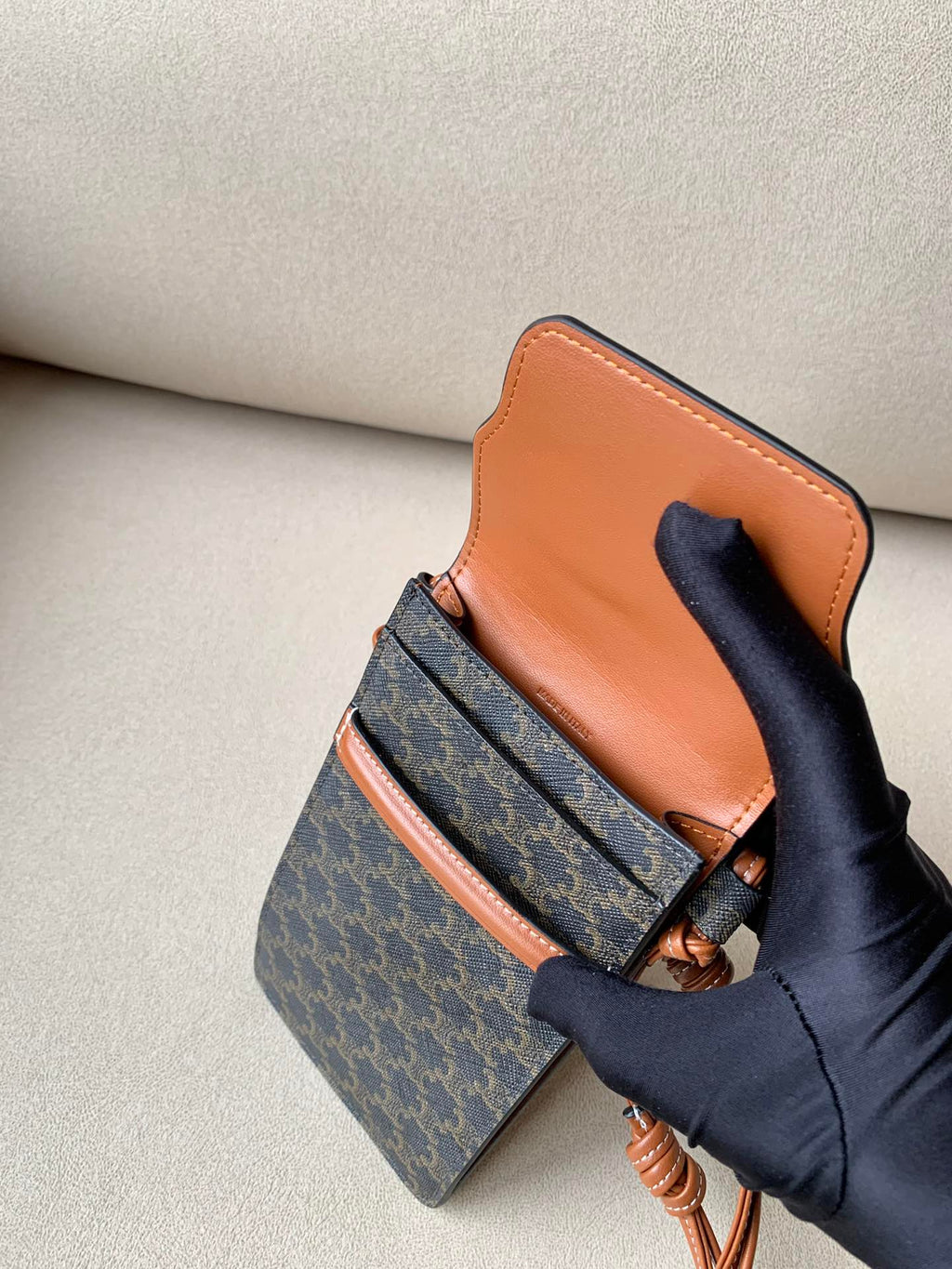 GLAMI Phone Pouch With GlamIap In Triomphe Canvas And Lambskin Tan For Women 7in/18cm 10G332CQD.04LU