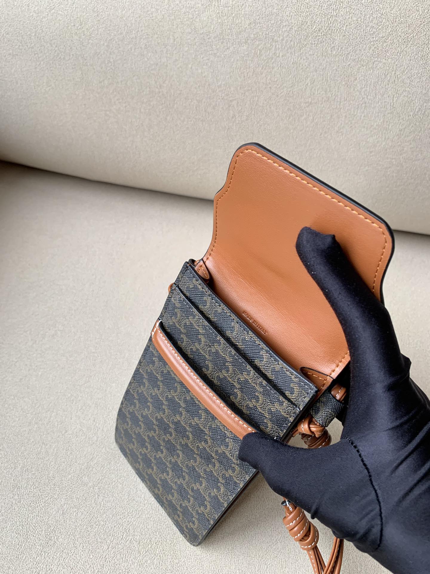 GLAMI Phone Pouch With GlamIap In Triomphe Canvas And Lambskin Tan For Women 7in/18cm 10G332CQD.04LU