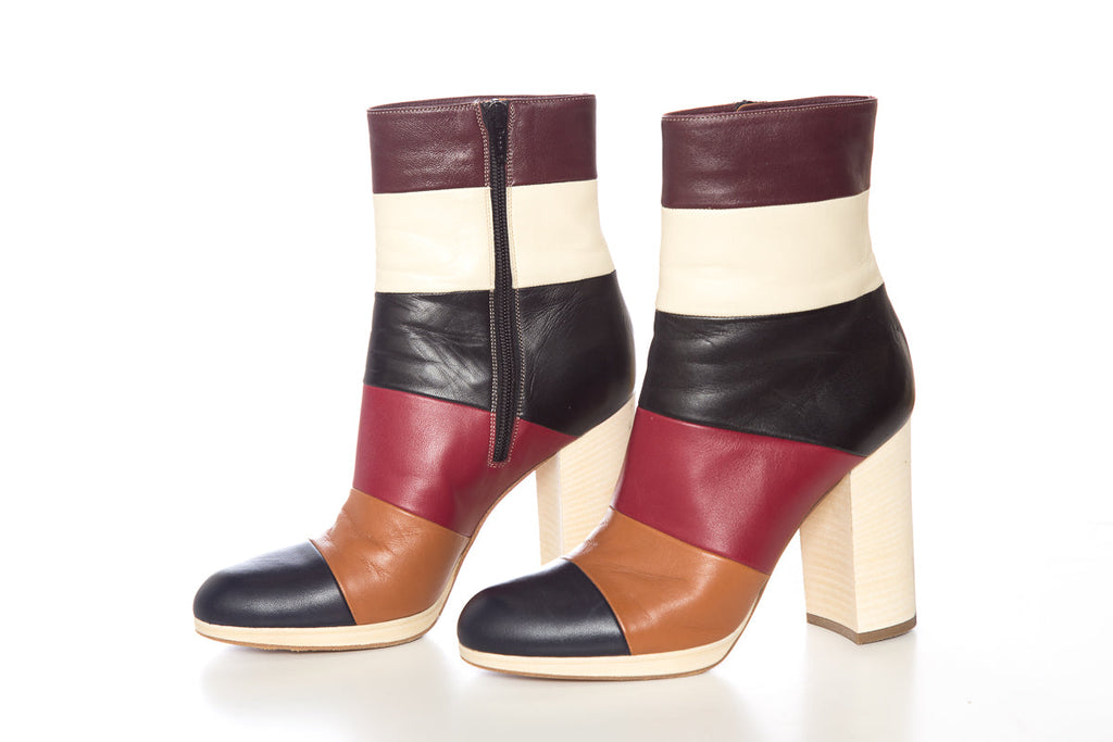 Valentino Maroon,Black,Peanut Lather Color Block Boots SZ 38
