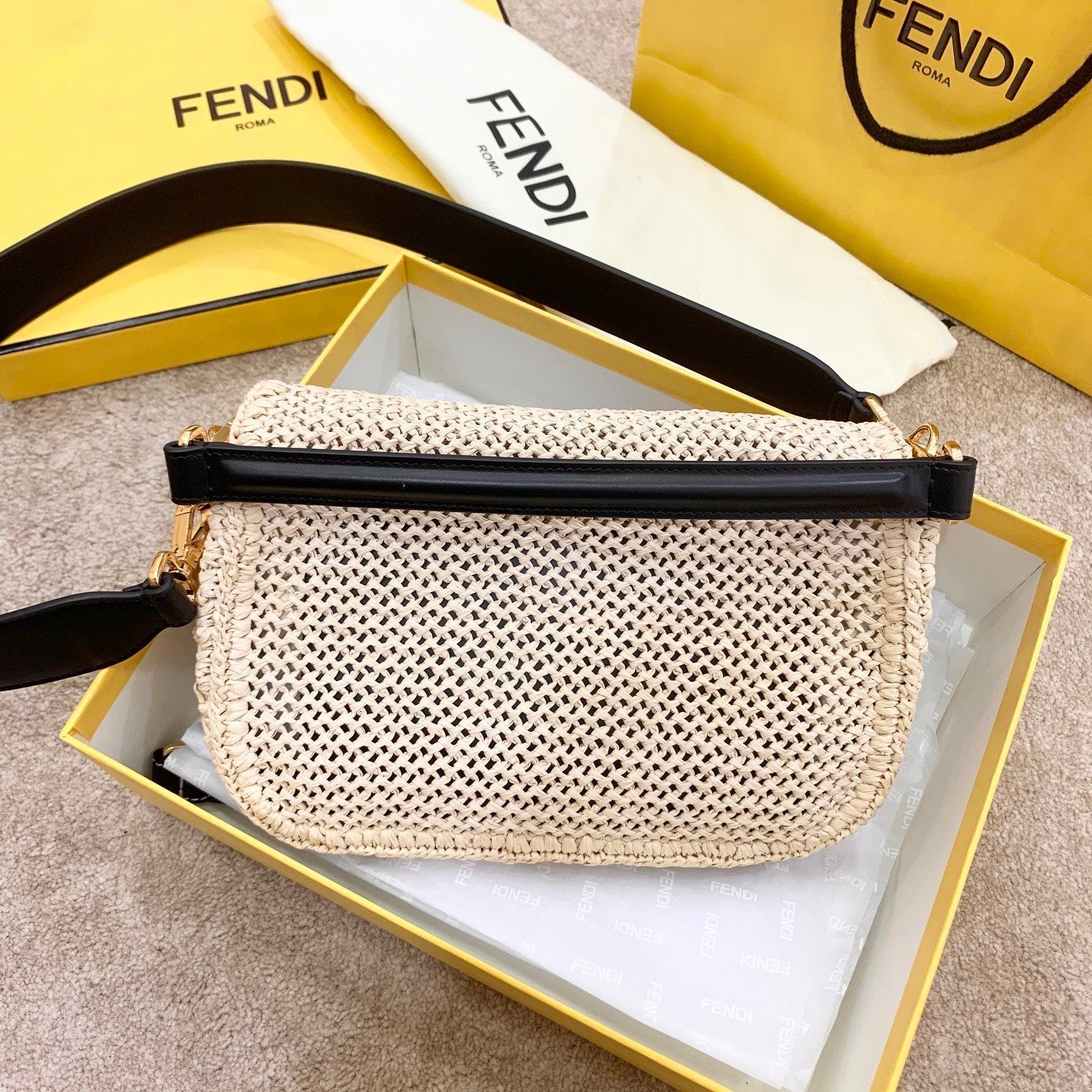 FI Baguette Woven Straw Black For Women, Handbags, Shoulder And Crossbody Bags 10.2in/26cm FF